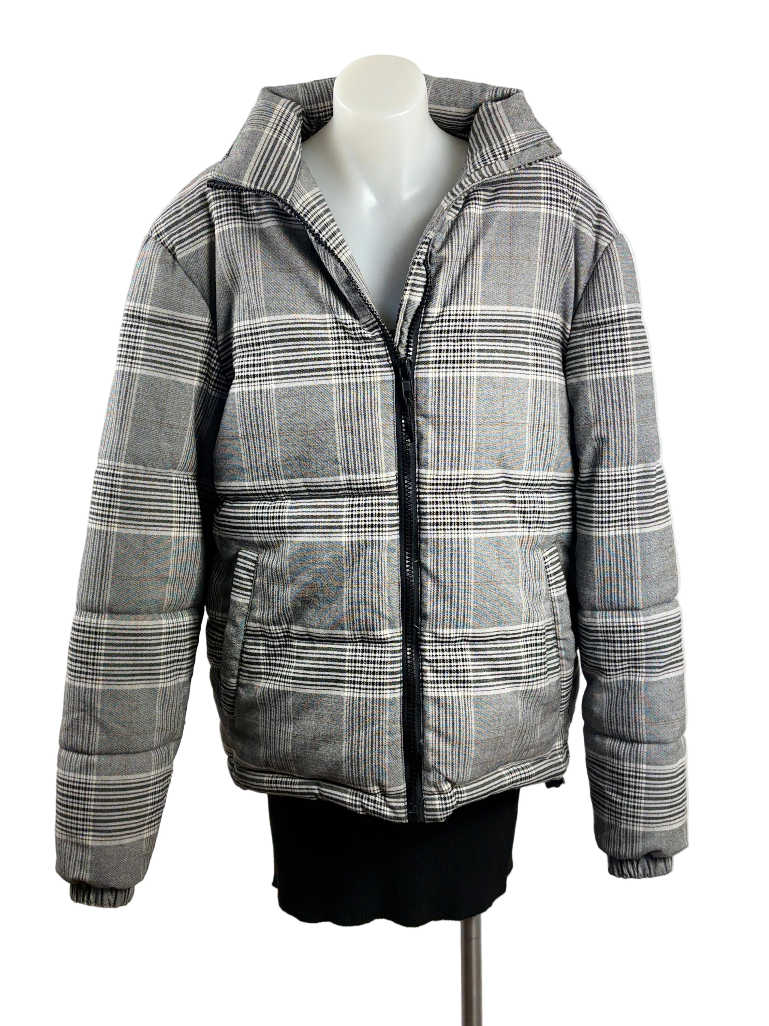 Cotton On | Oversized Check Puffer Jacket | Grey Multi | Size S