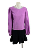 Purple Cropped Balloon Sleeved Linen Blend Top
