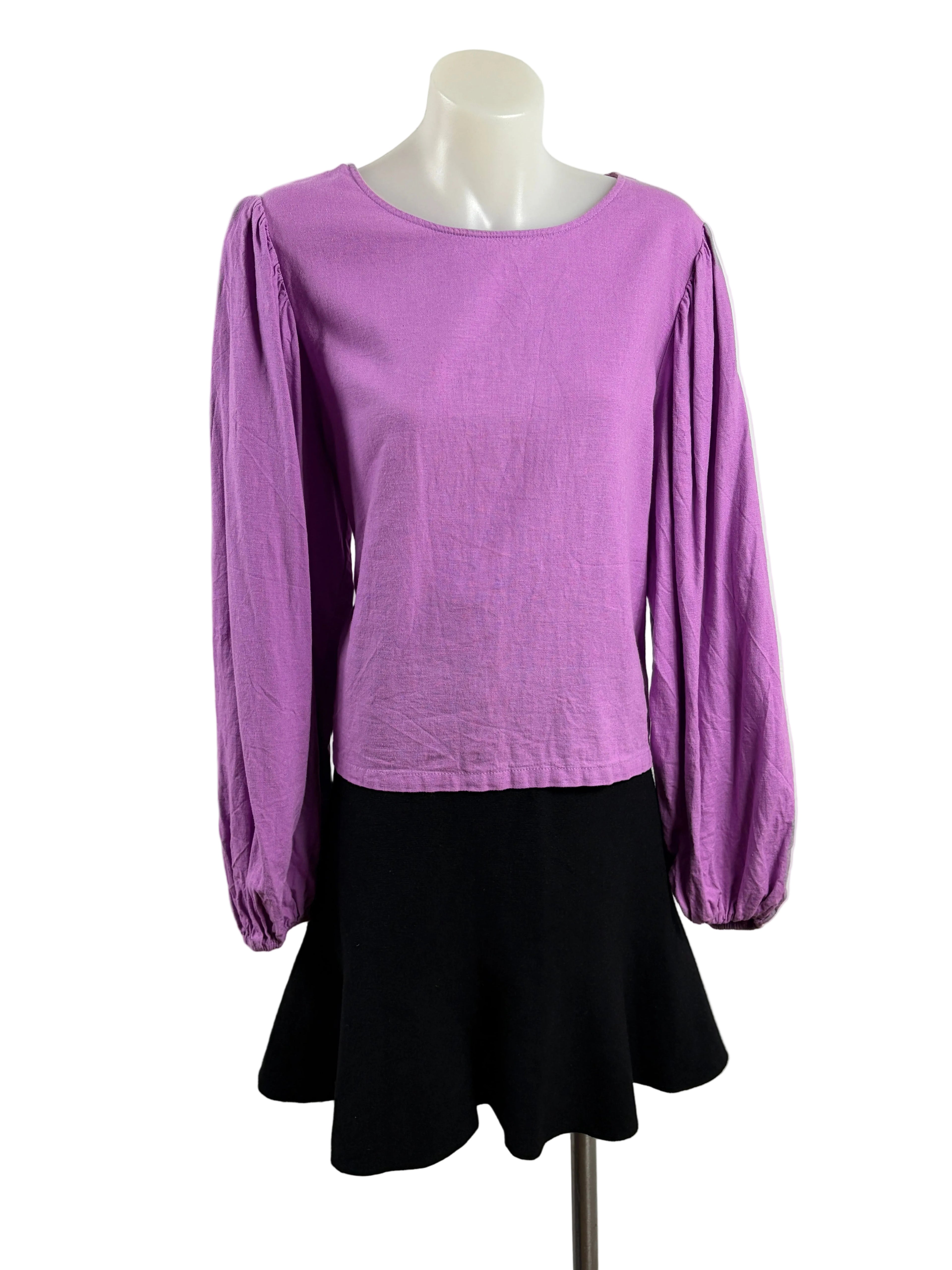Purple Cropped Balloon Sleeved Linen Blend Top