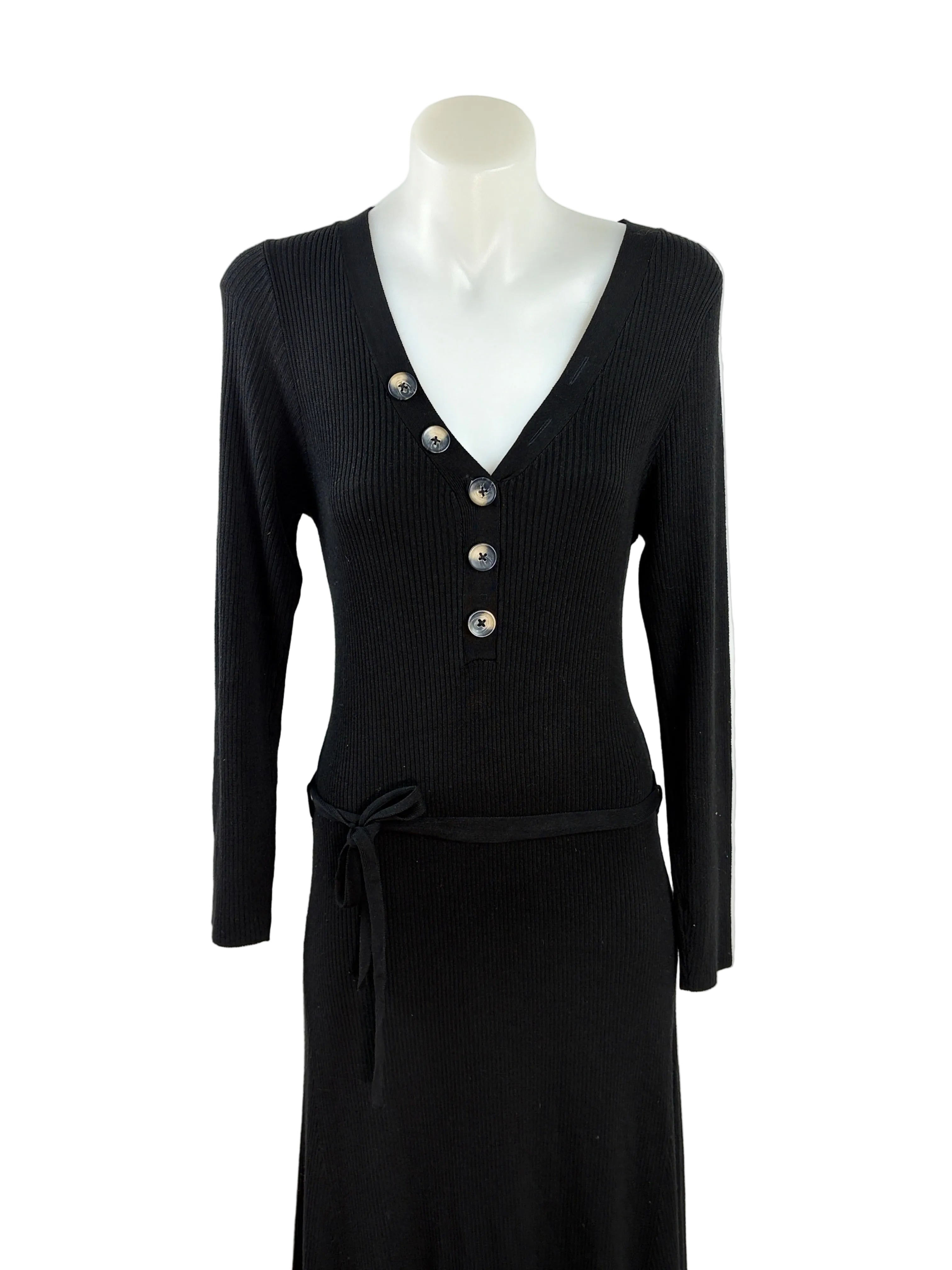Next | Ribbed Button-Front Knit Dress | Black — Size 10