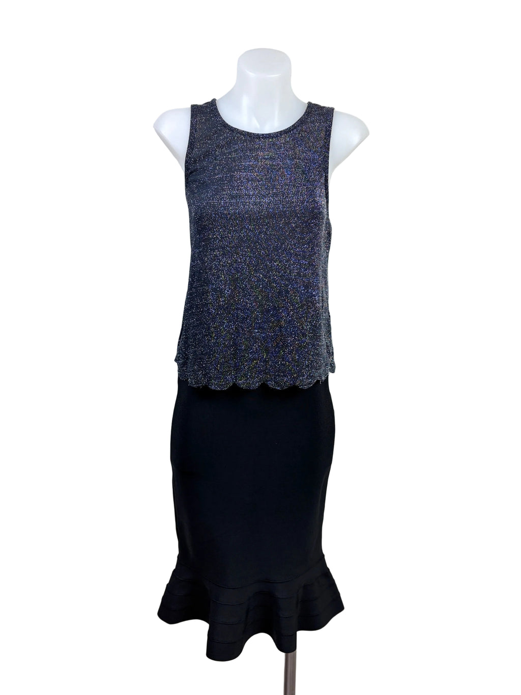 Dotti Scalloped Hem Metallic Knit Tank styled with BCBG Max Azria Bandage-Style Peplum Hem Midi Skirt