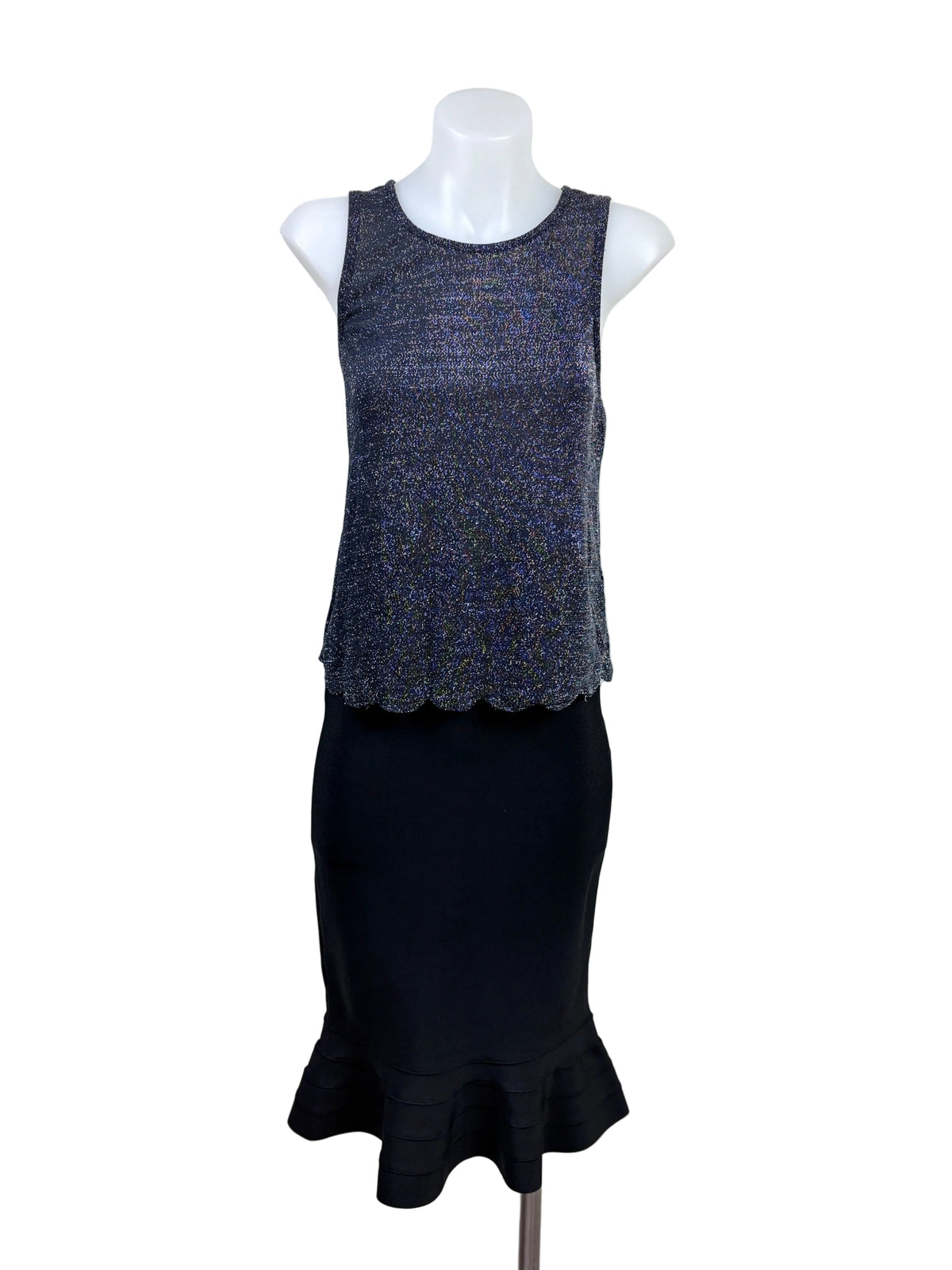 Dotti Scalloped Hem Metallic Knit Tank styled with BCBG Max Azria Bandage-Style Peplum Hem Midi Skirt
