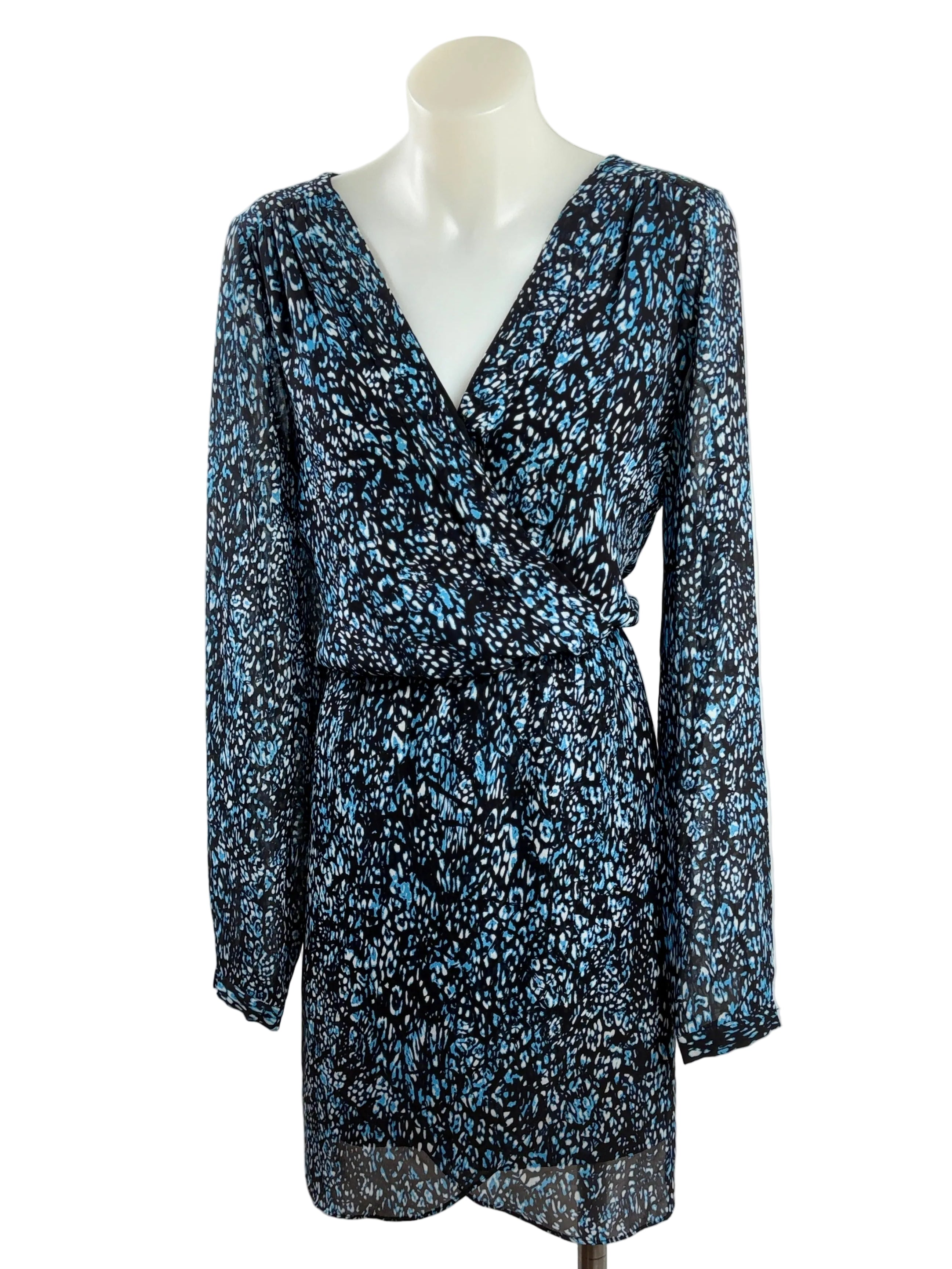 Portmans | Wrap-Style Long Sleeve Mini Dress | Blue Animal Print | Size 10