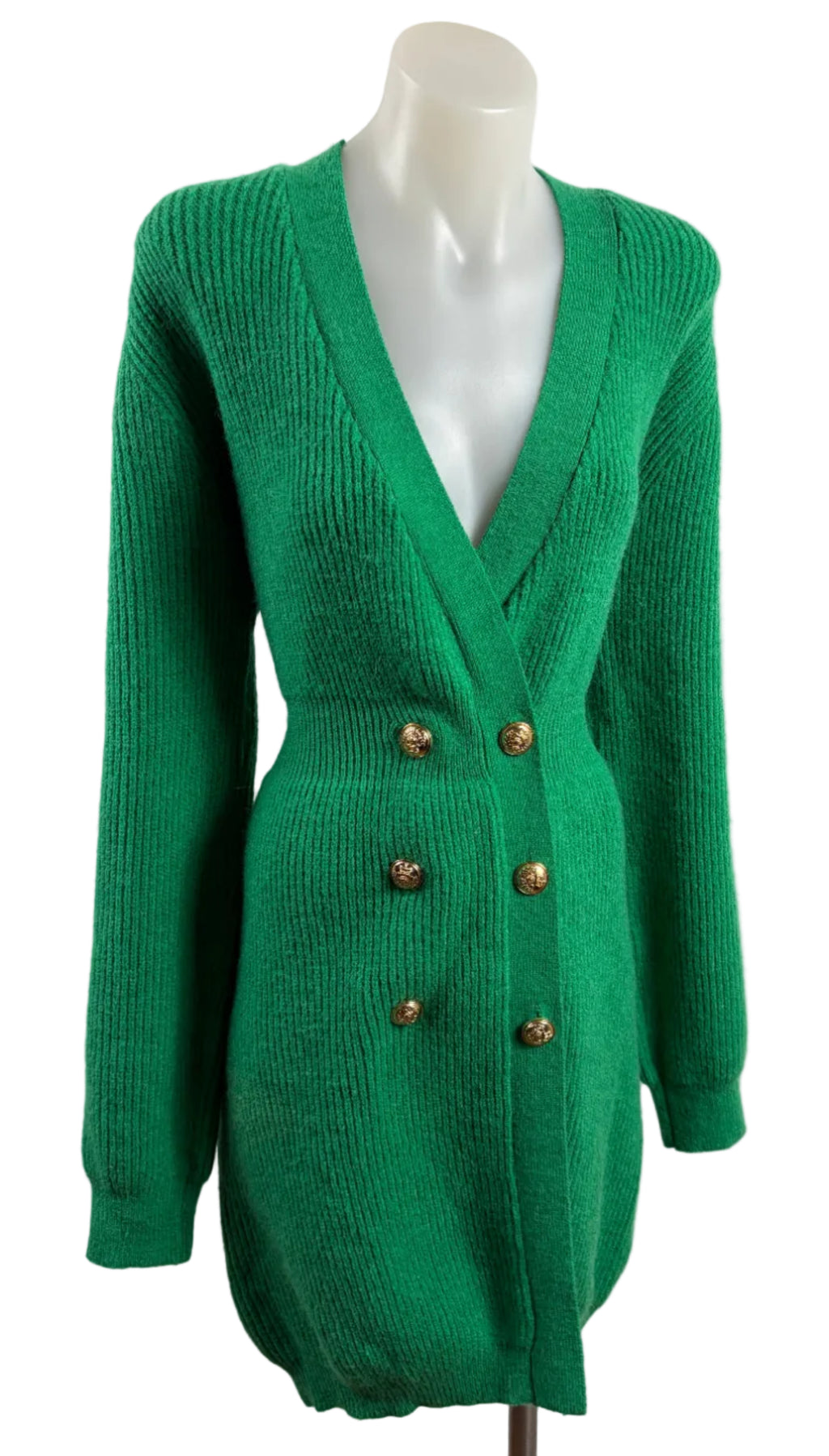 Miracle | Emerald Green Ribbed Knit Cardigan Dress | Double-Breasted Gold Buttons | Size M/L