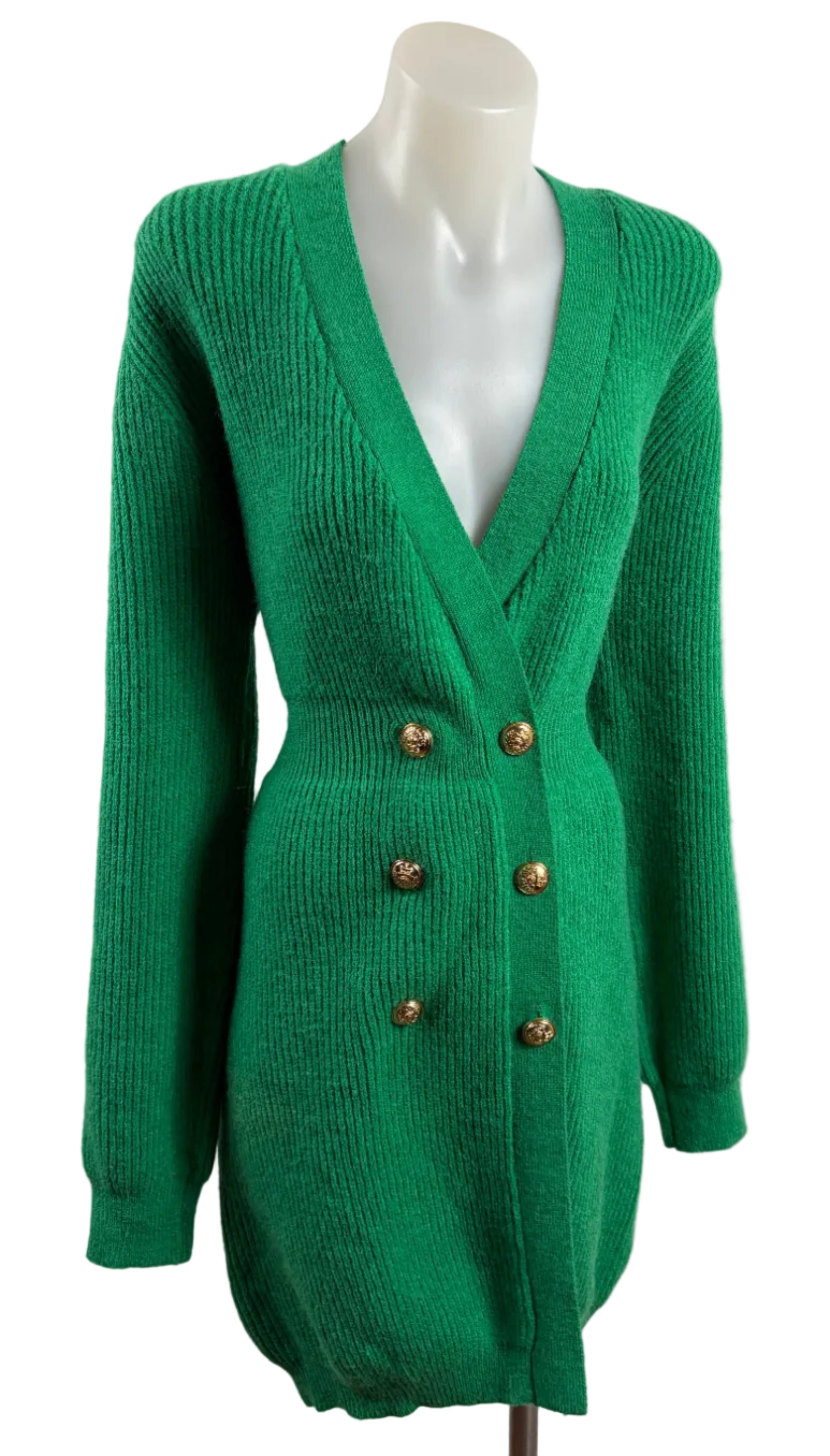 Miracle | Emerald Green Ribbed Knit Cardigan Dress | Double-Breasted Gold Buttons | Size M/L