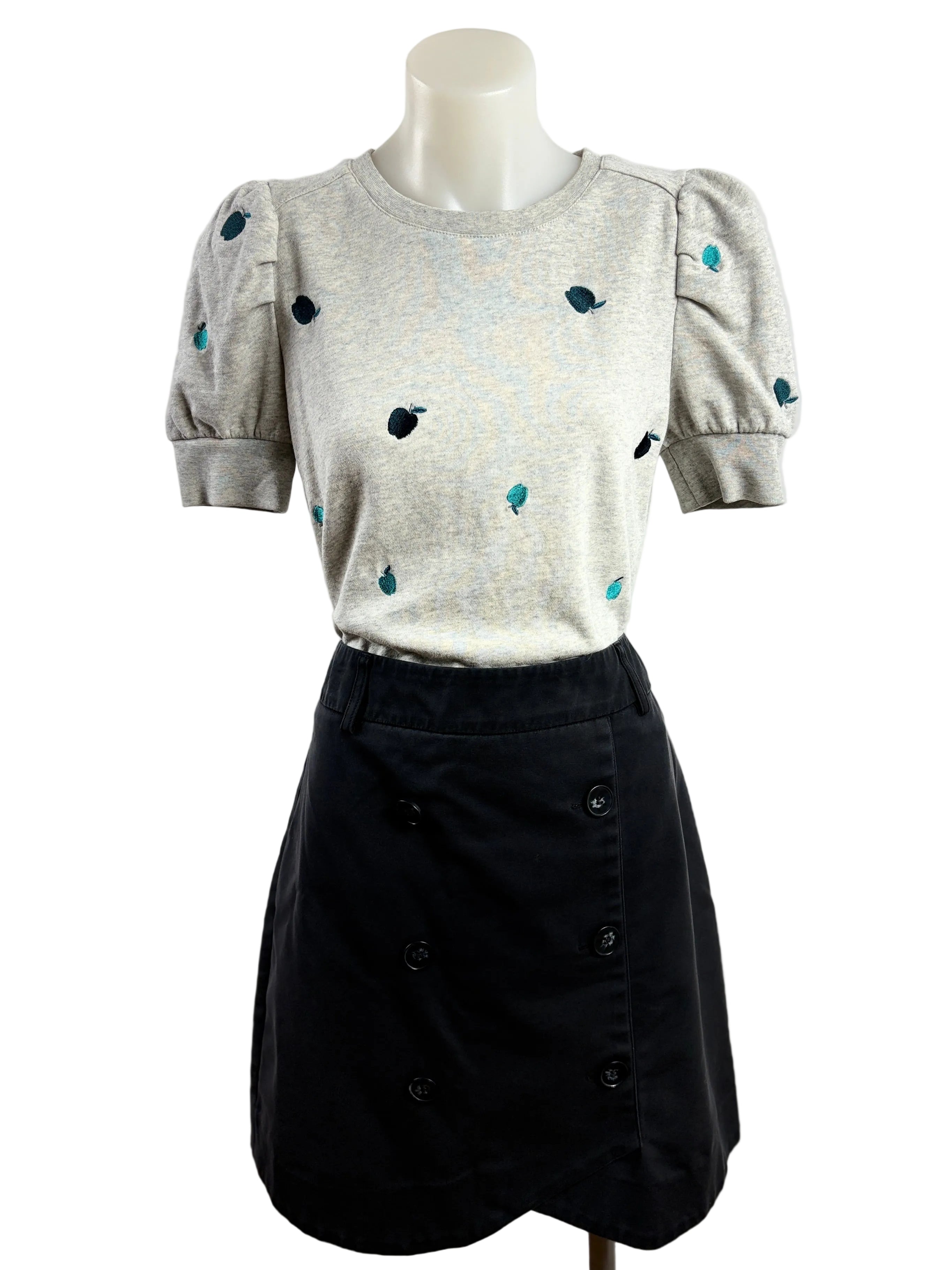 Marcs | Apple-Embroidered Puff Sleeve Top | Grey Marle | XS