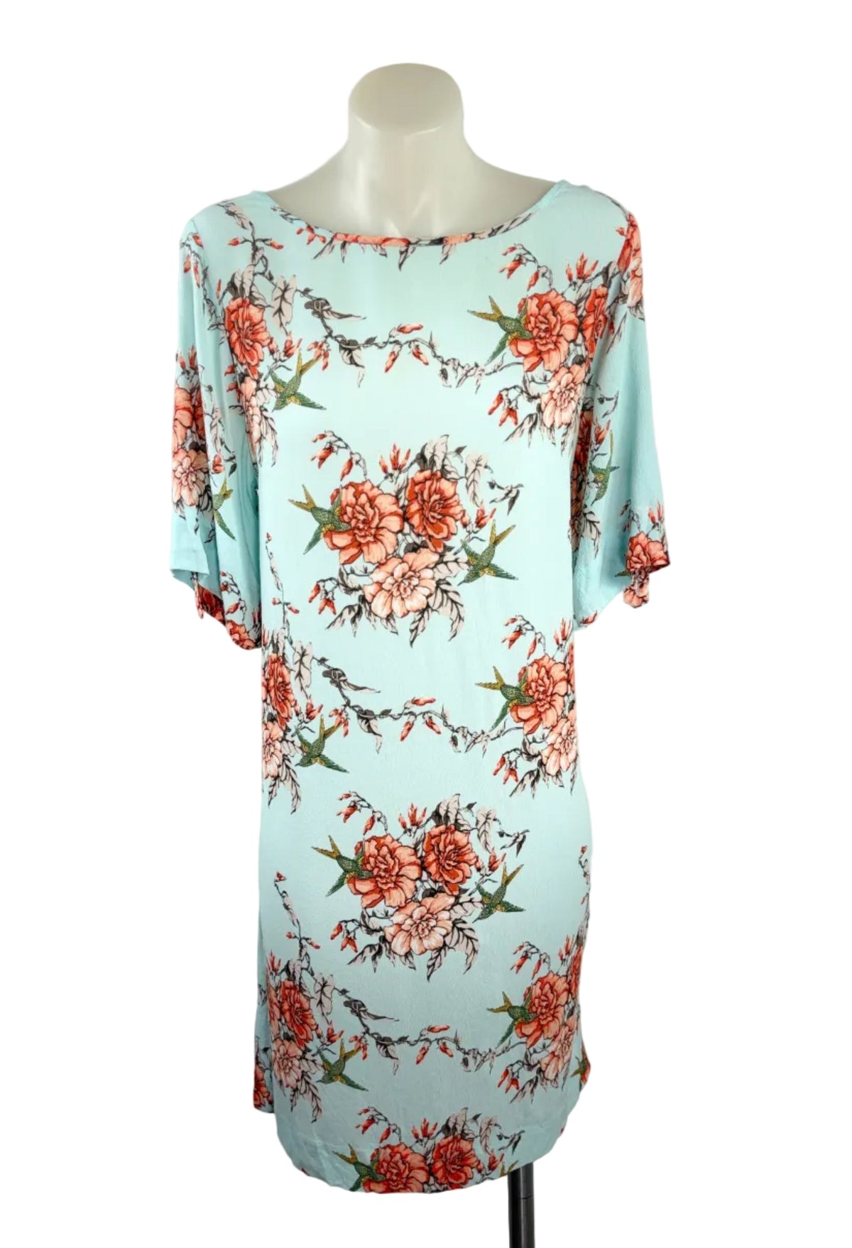 Leona Edmiston Ruby | Shift Dress Mint Floral & Hummingbird Print| Size XS