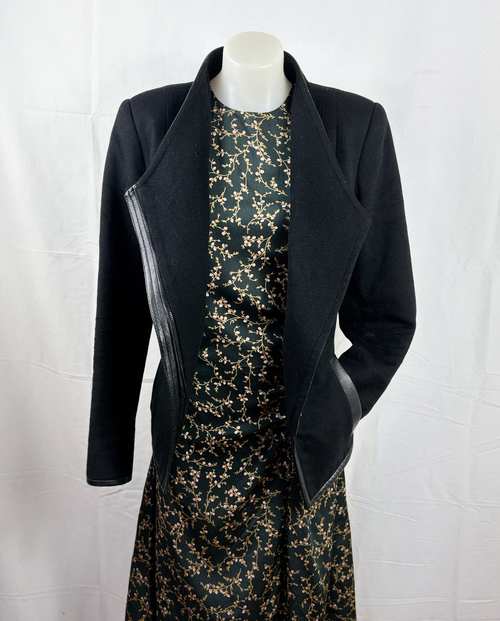 Kookai Black Wool & Leather-Trim Zip Coat