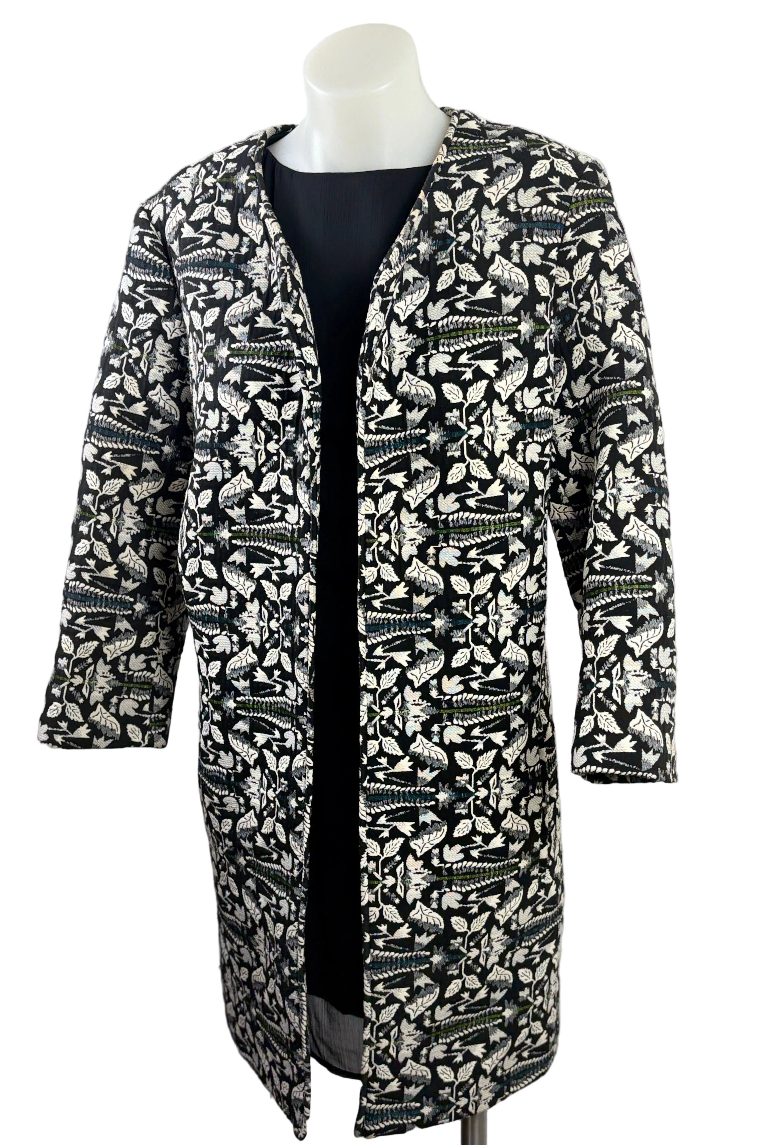 Zara Embroidered Longline Coat — Botanical Jacquard