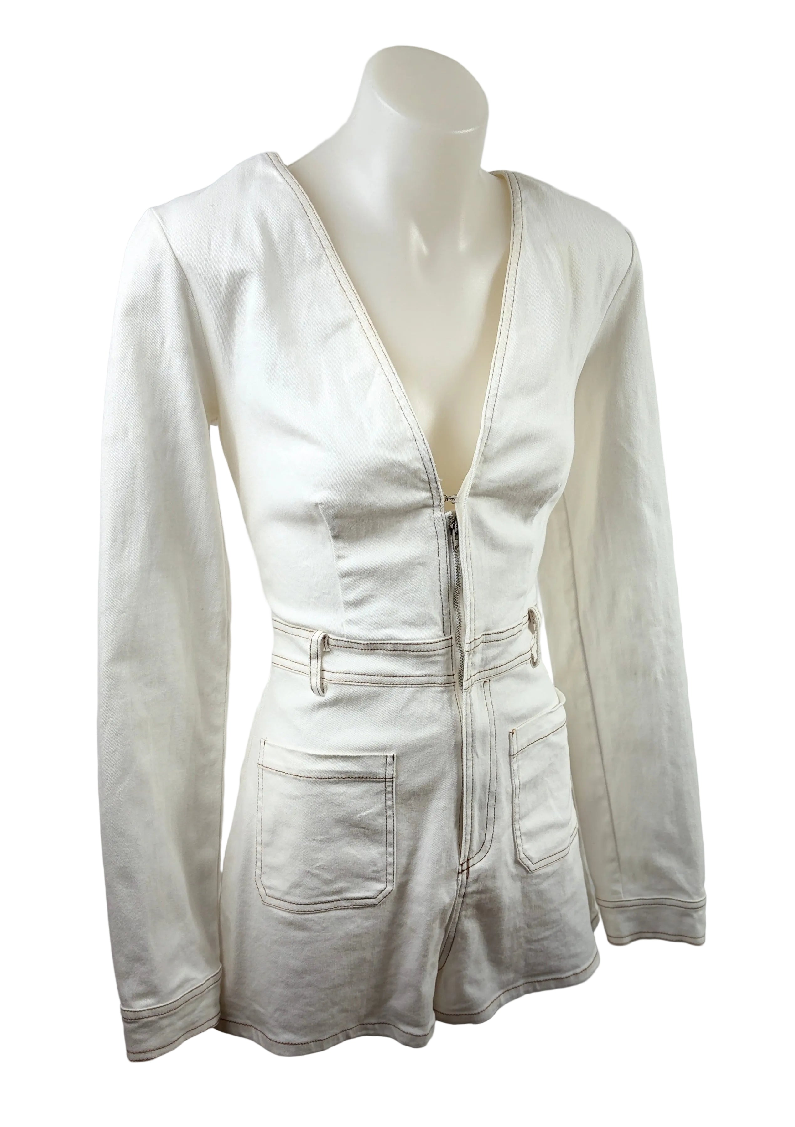 White Denim Long Sleeve Play Suit