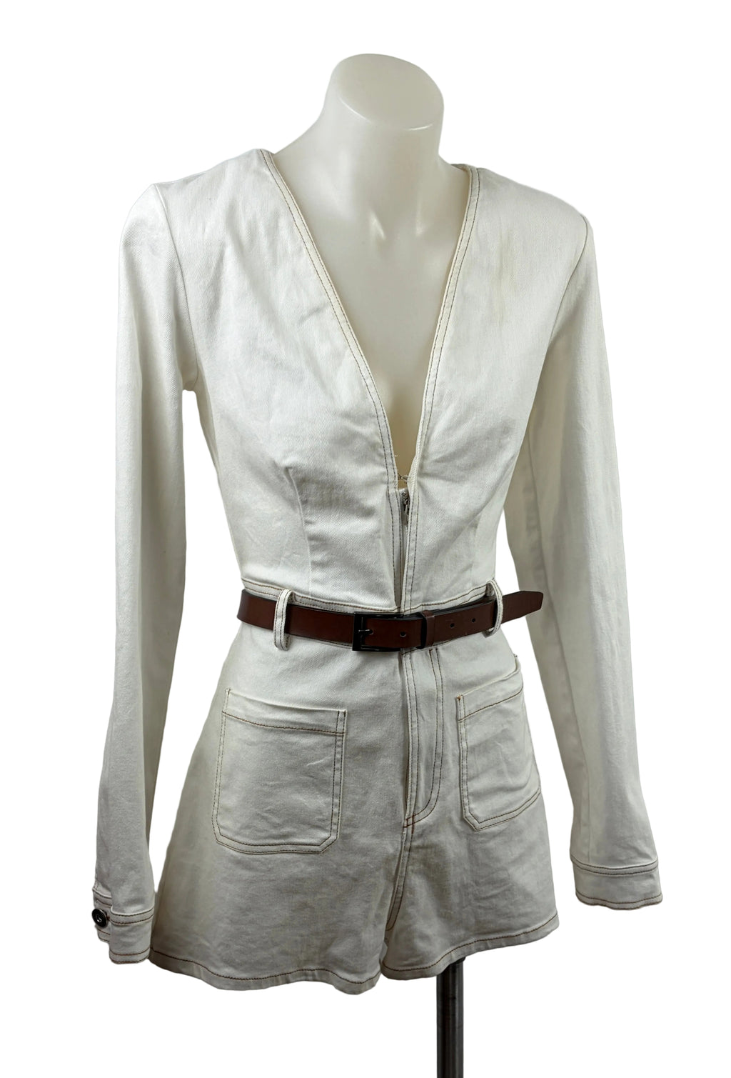 White Denim Long Sleeve Play Suit