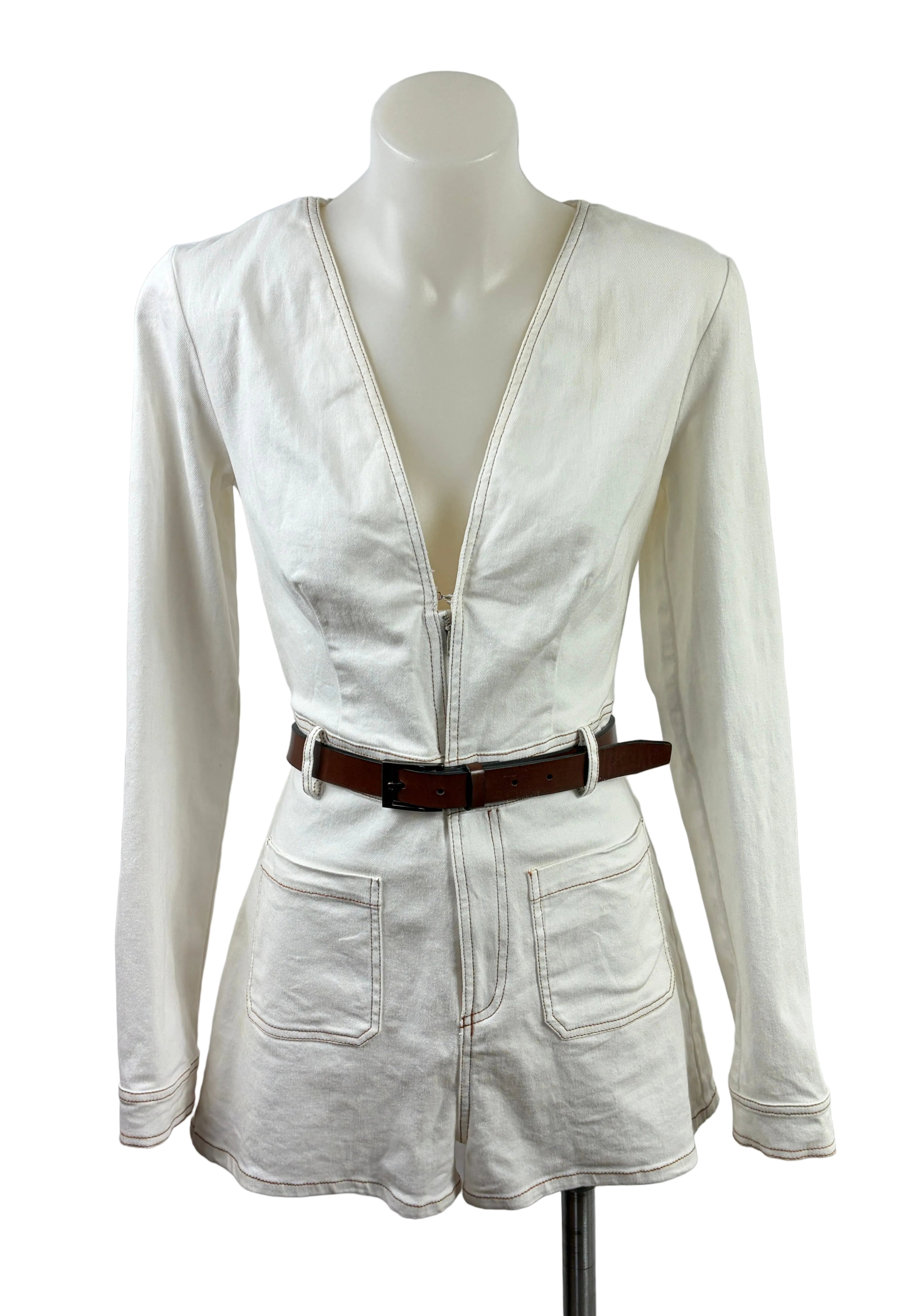 White Denim Long Sleeve Play Suit