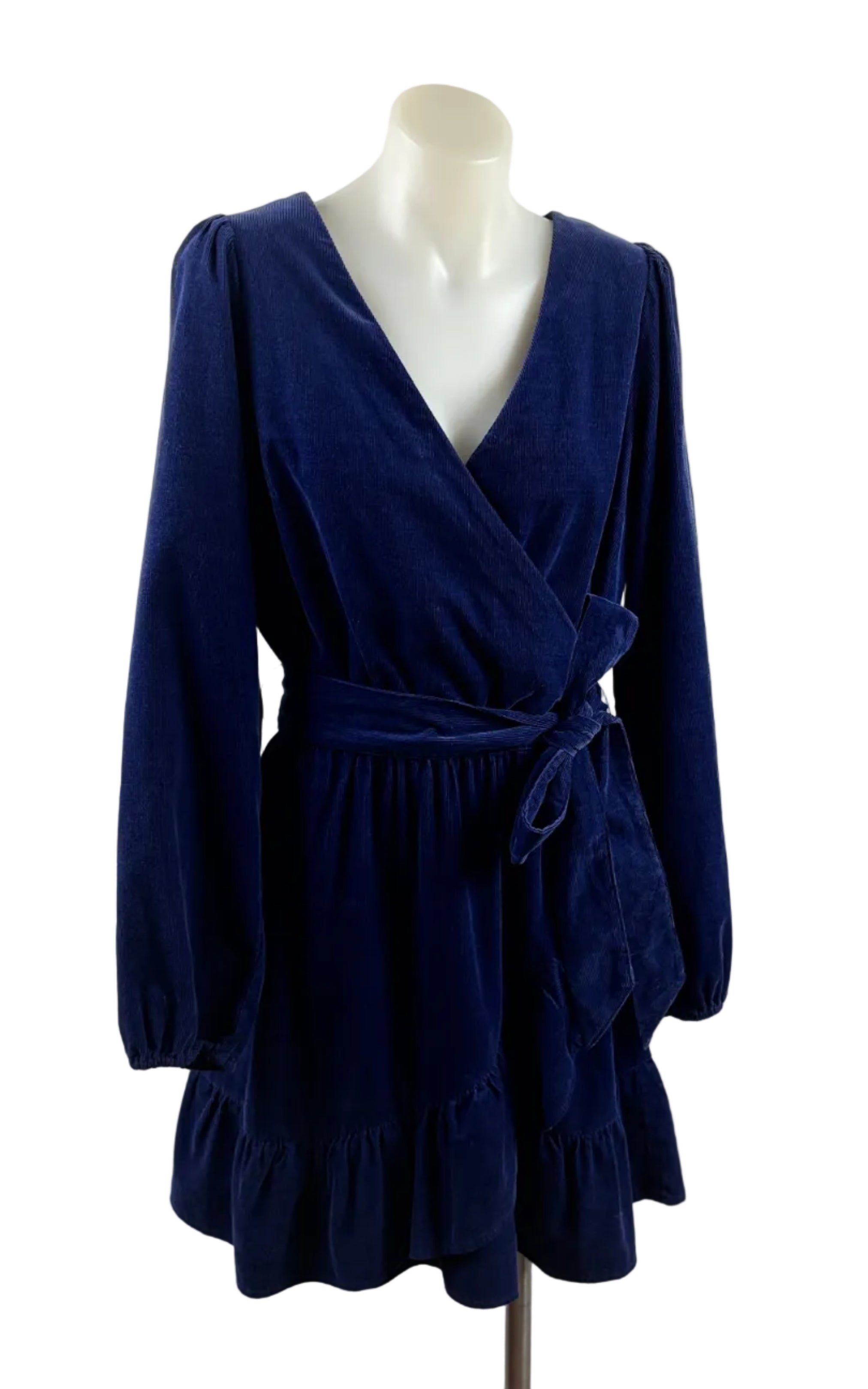Country Road Blue Thin Corduroy Ruffle Wrap Dress