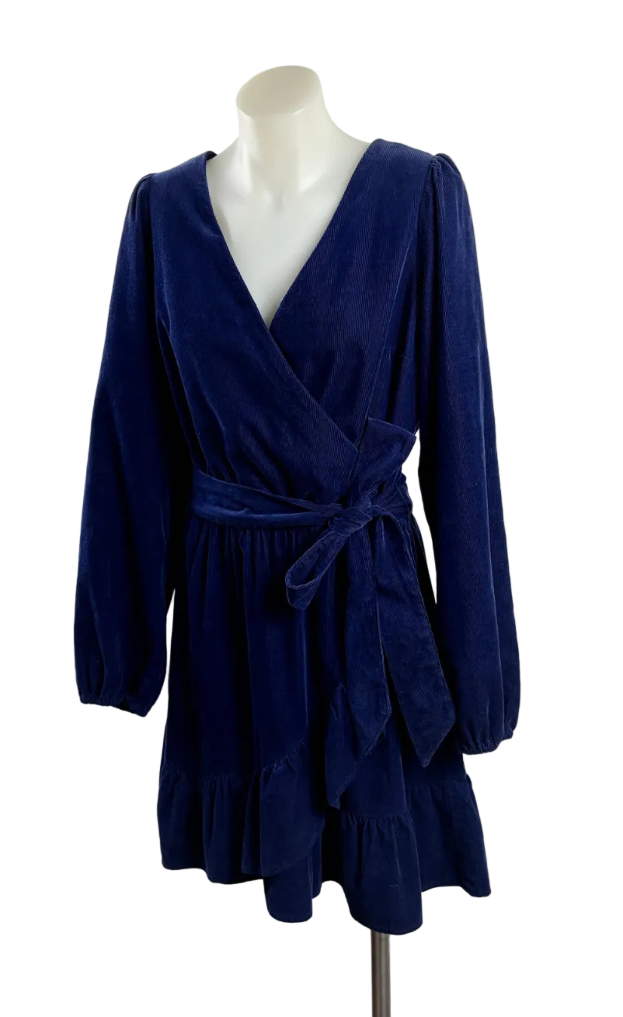 Country Road Blue Thin Corduroy Ruffle Wrap Dress