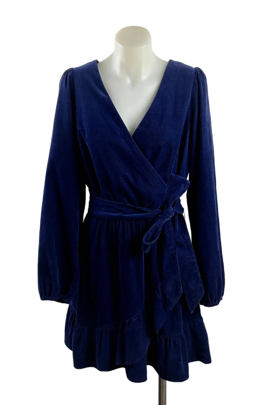Country Road Blue Thin Corduroy Ruffle Wrap Dress