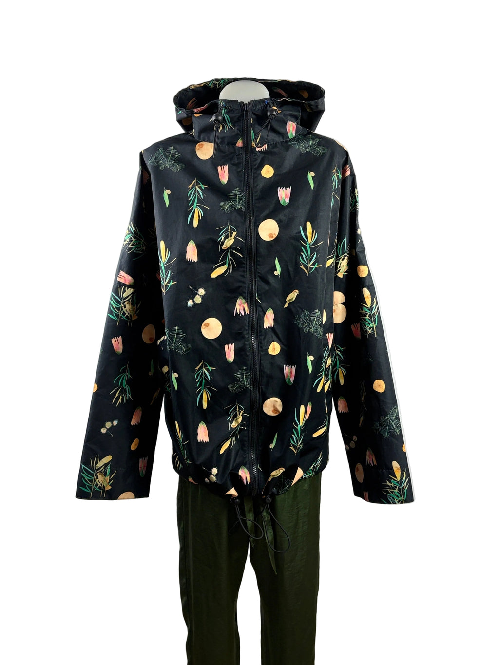 Gorman + Dana Kinter | "Winter Song" Botanical Print Hooded Rain Jacket | Black Multi | M/L