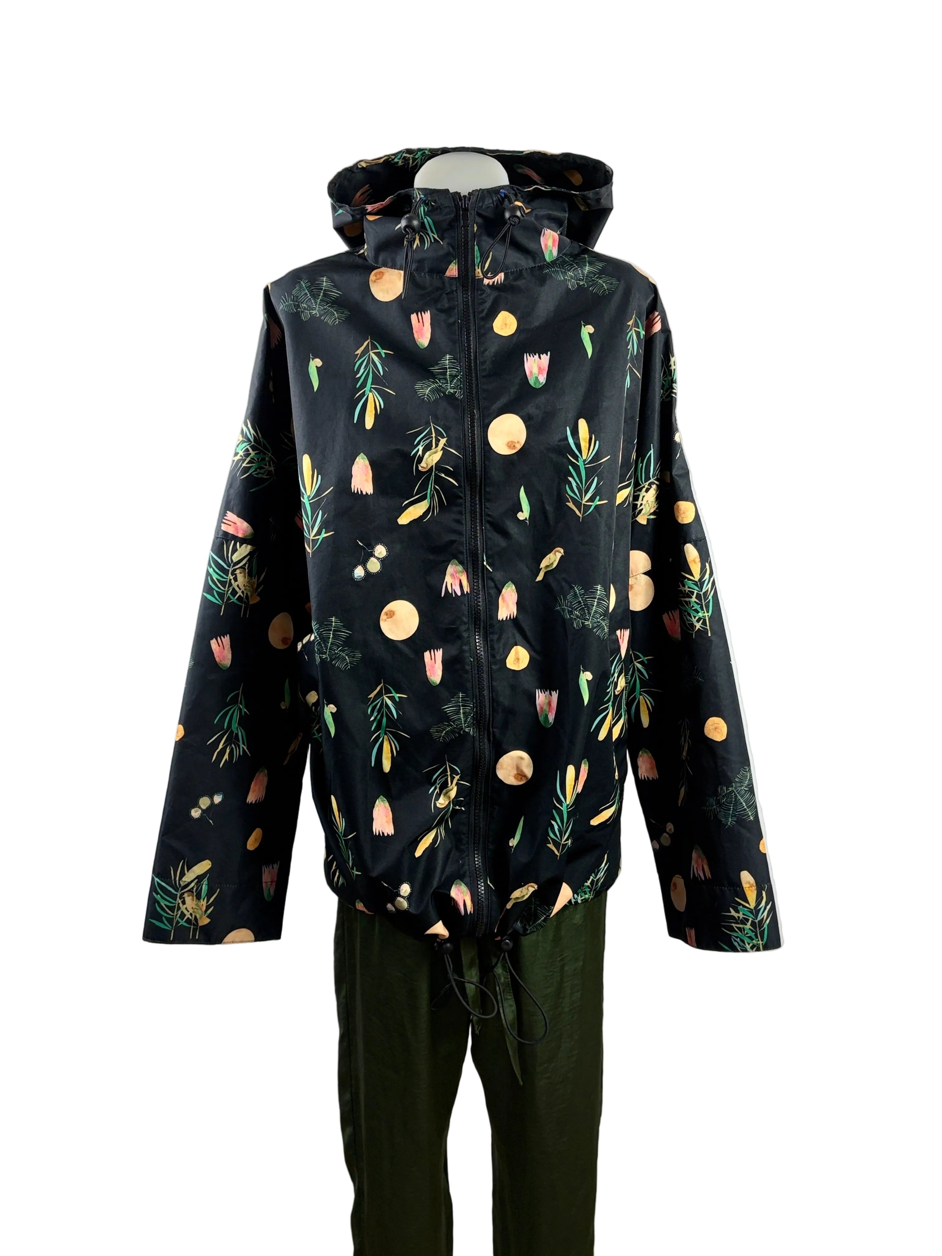 Gorman + Dana Kinter | "Winter Song" Botanical Print Hooded Rain Jacket | Black Multi | M/L