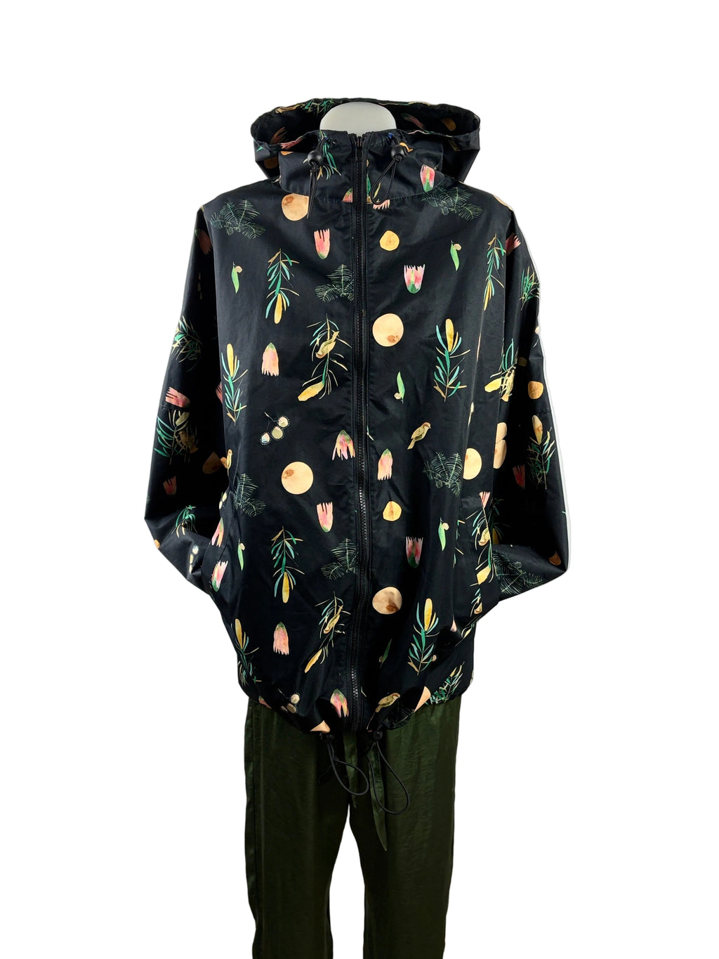 Gorman + Dana Kinter | "Winter Song" Botanical Print Hooded Rain Jacket | Black Multi | M/L