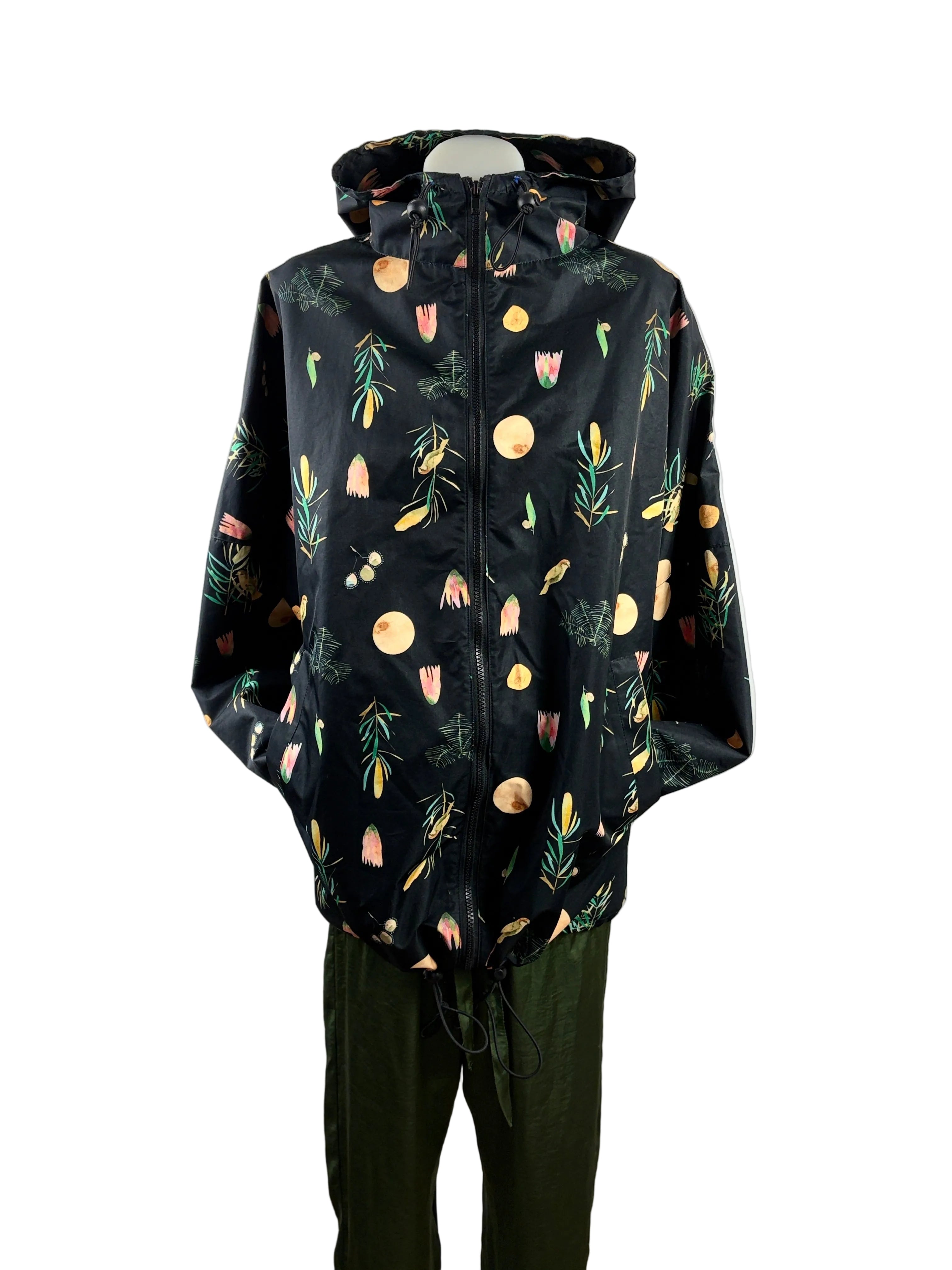 Gorman + Dana Kinter | "Winter Song" Botanical Print Hooded Rain Jacket | Black Multi | M/L