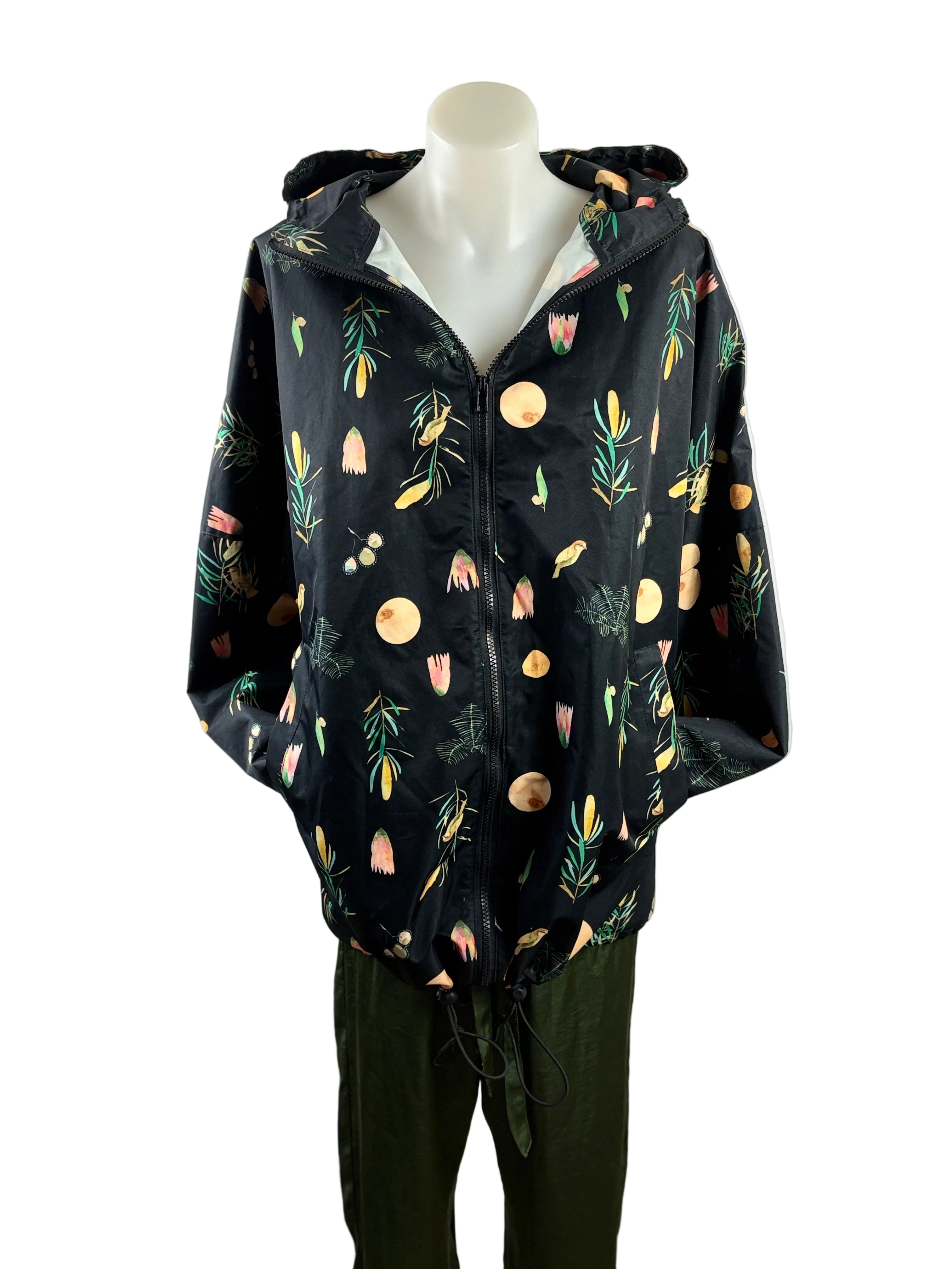 Gorman + Dana Kinter | "Winter Song" Botanical Print Hooded Rain Jacket | Black Multi | M/L
