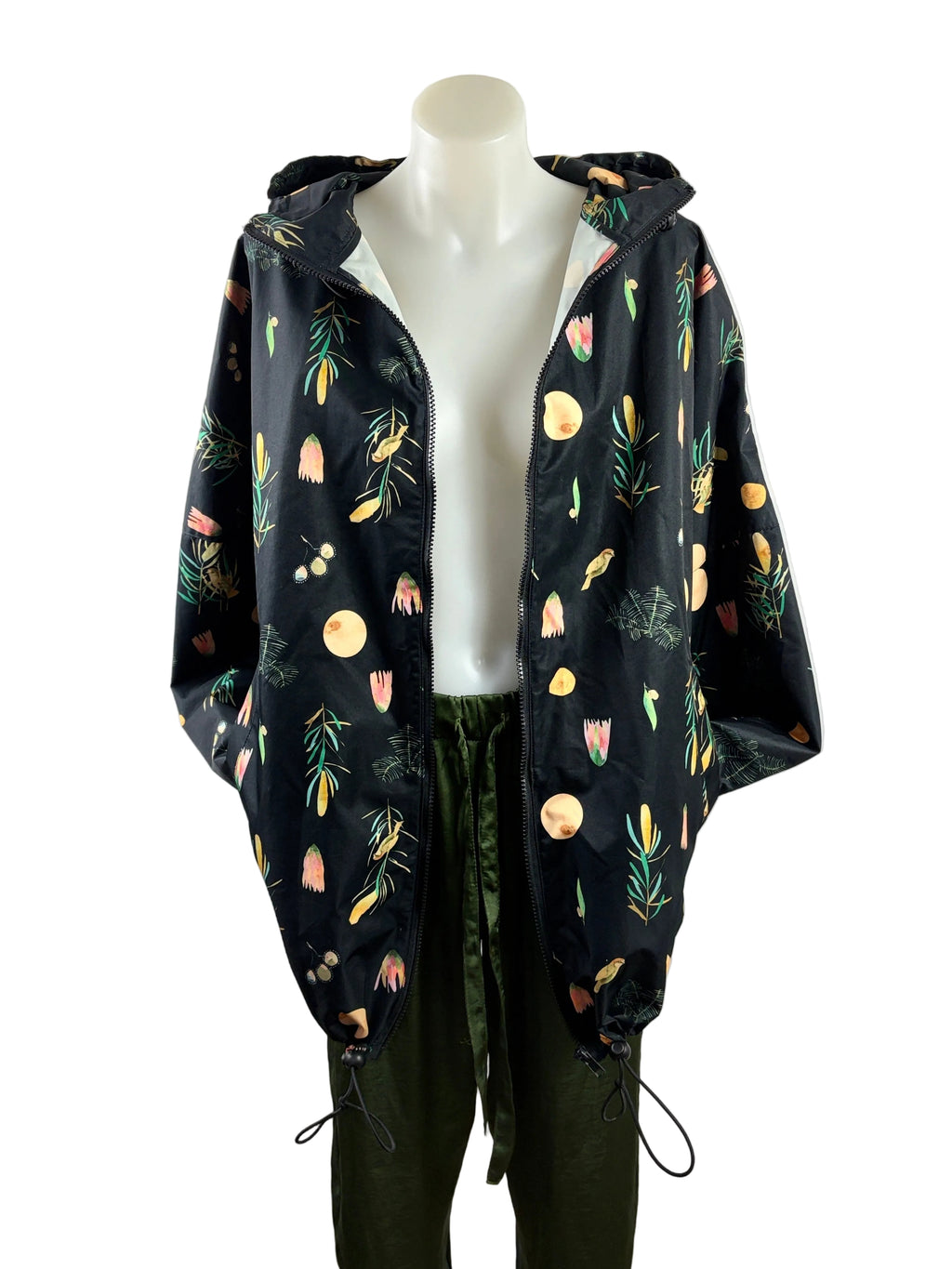 Gorman + Dana Kinter | "Winter Song" Botanical Print Hooded Rain Jacket | Black Multi | M/L