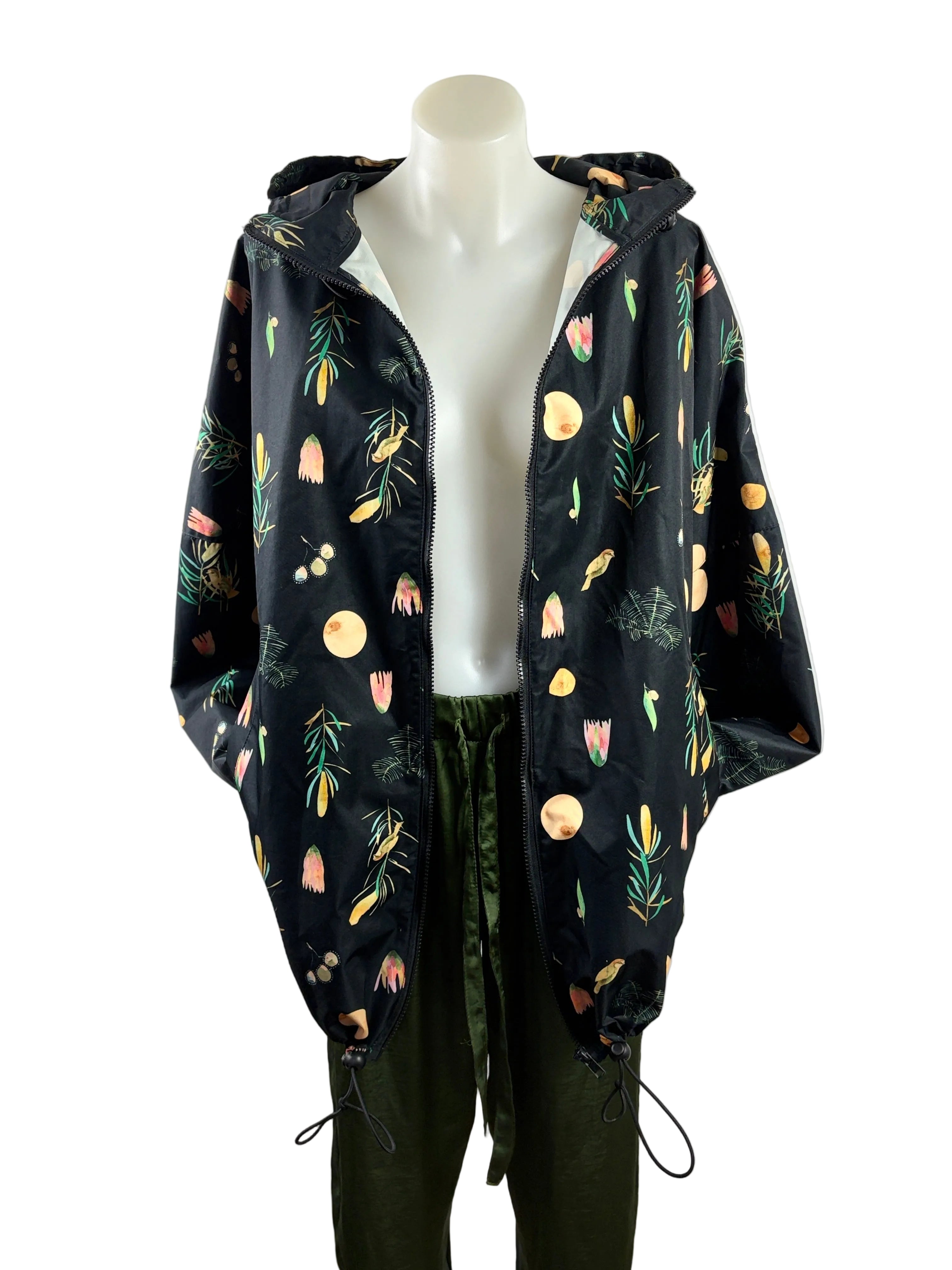 Gorman + Dana Kinter | "Winter Song" Botanical Print Hooded Rain Jacket | Black Multi | M/L