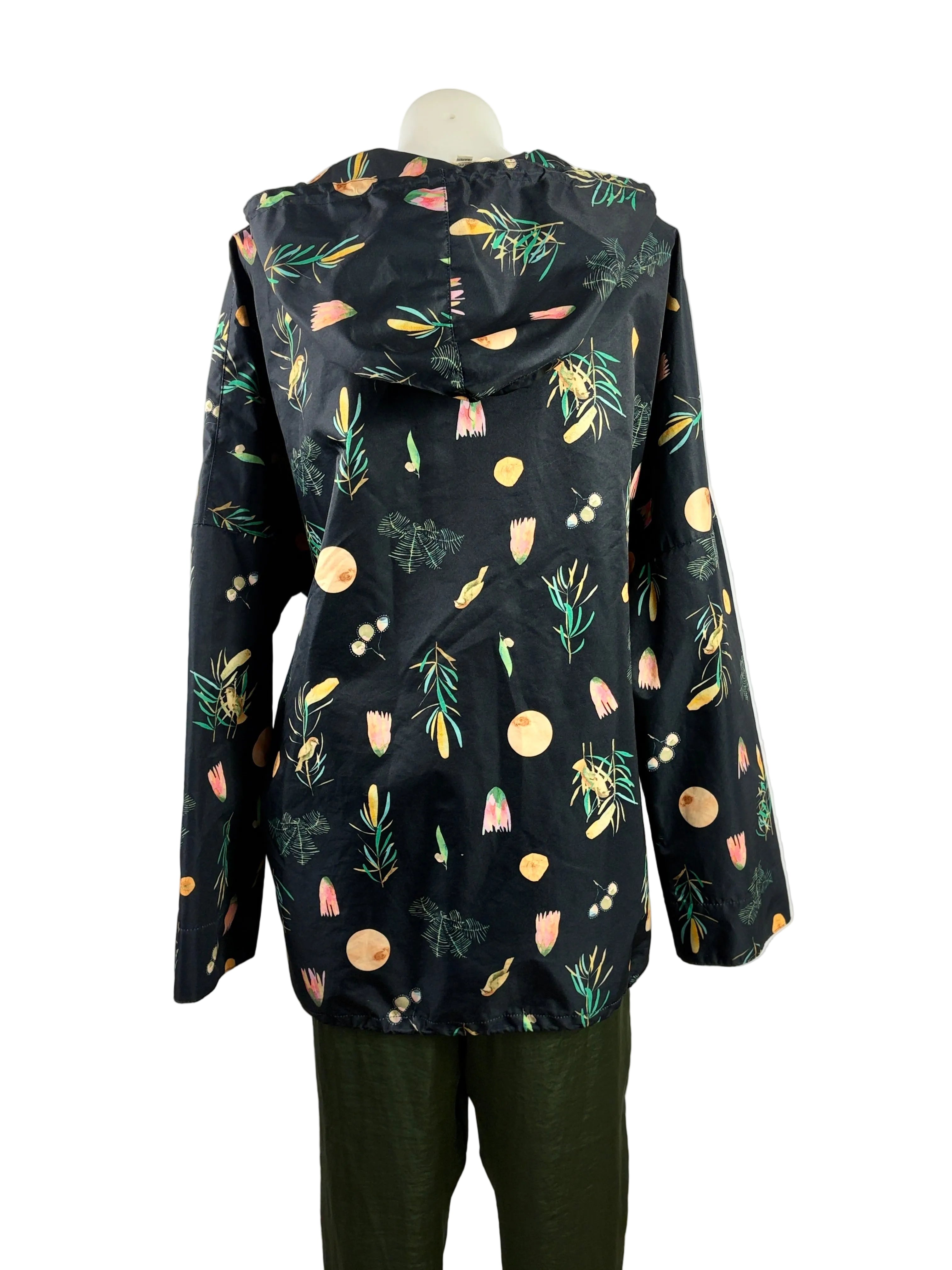 Gorman + Dana Kinter | "Winter Song" Botanical Print Hooded Rain Jacket | Black Multi | M/L