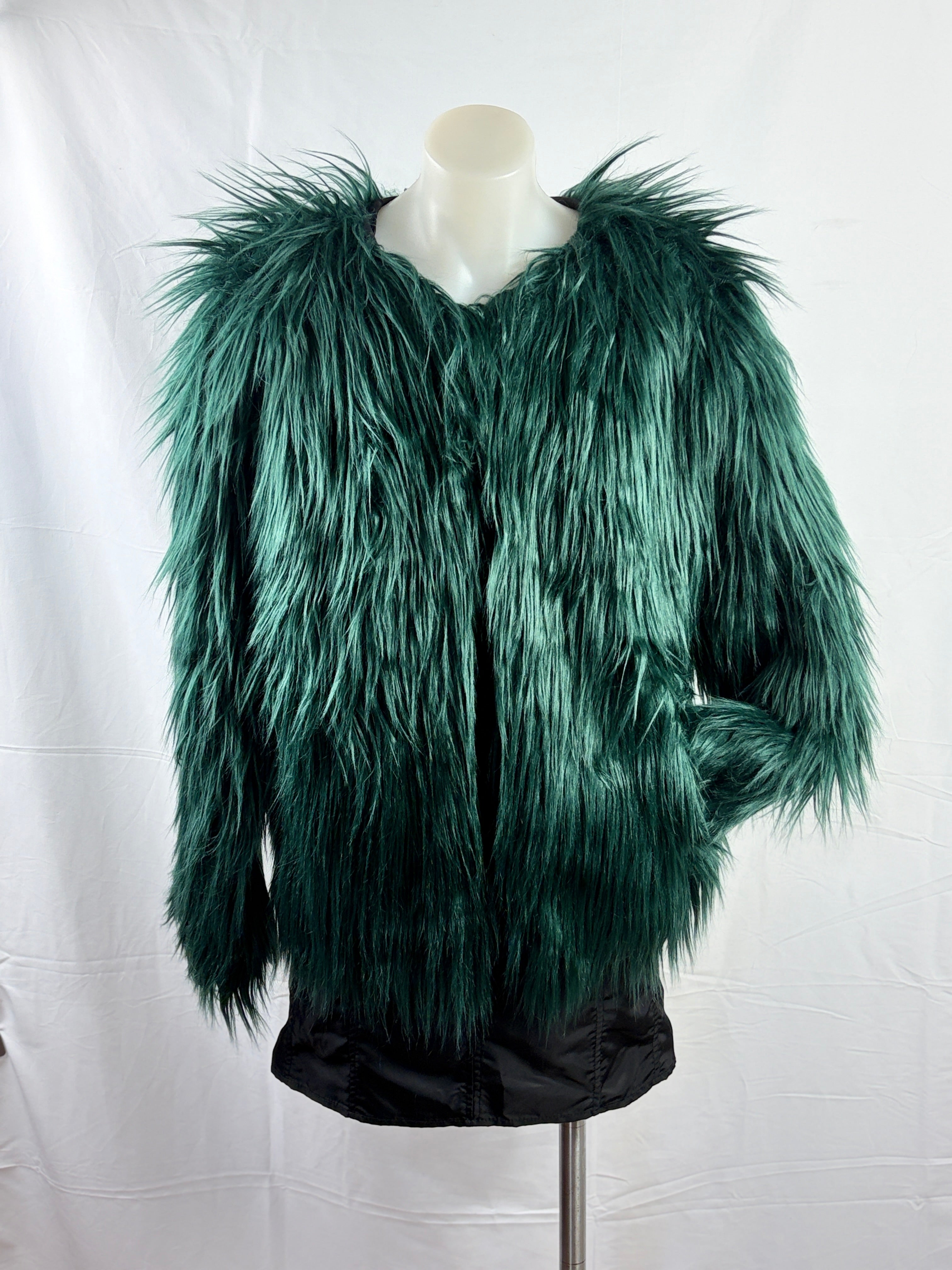 Shaggy Long-Pile Faux Fur Jacket | Emerald Green | M