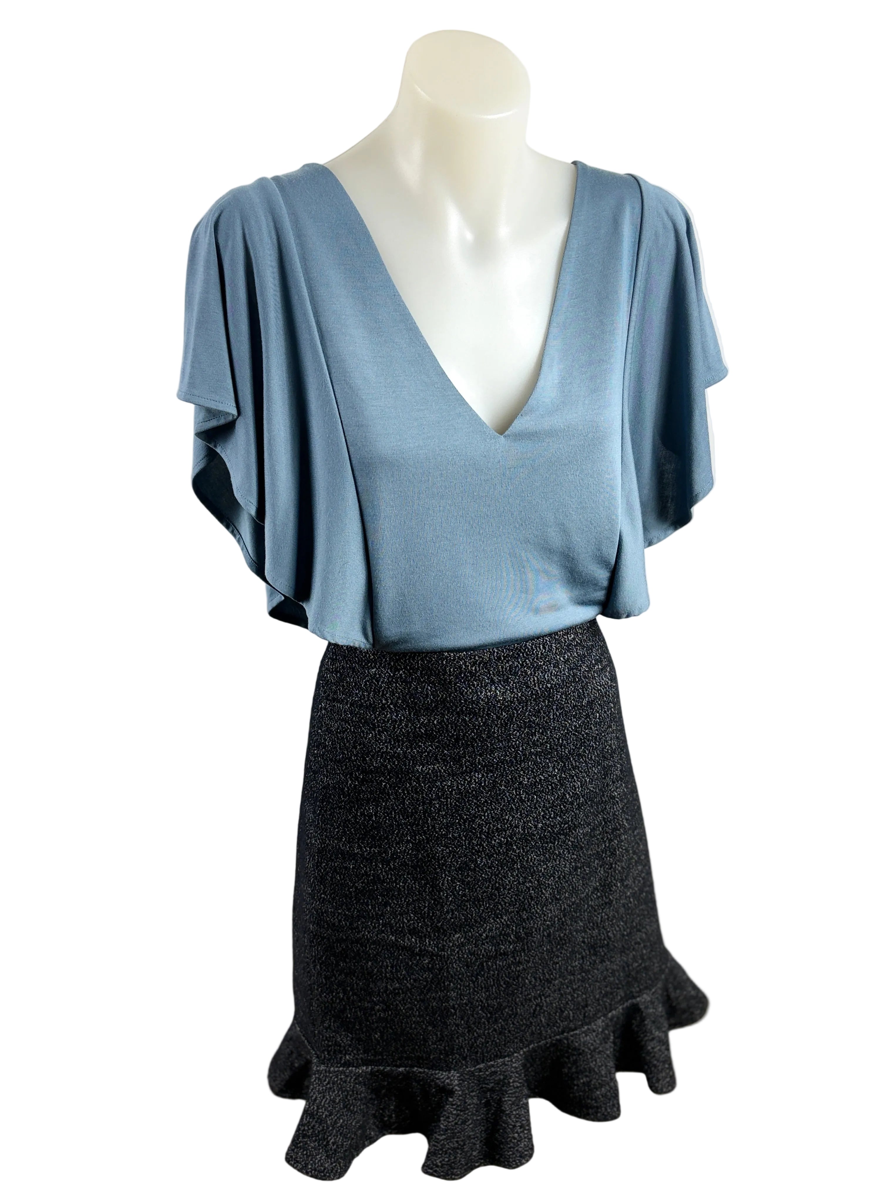 Witchery | Draped V-Neck Flutter Sleeve Top | Dusty Blue | Size S