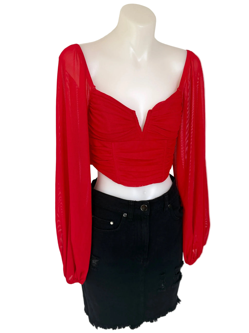 Ruby Sees Ruched Mesh Sweetheart Crop Structured Top – view 4 of 7