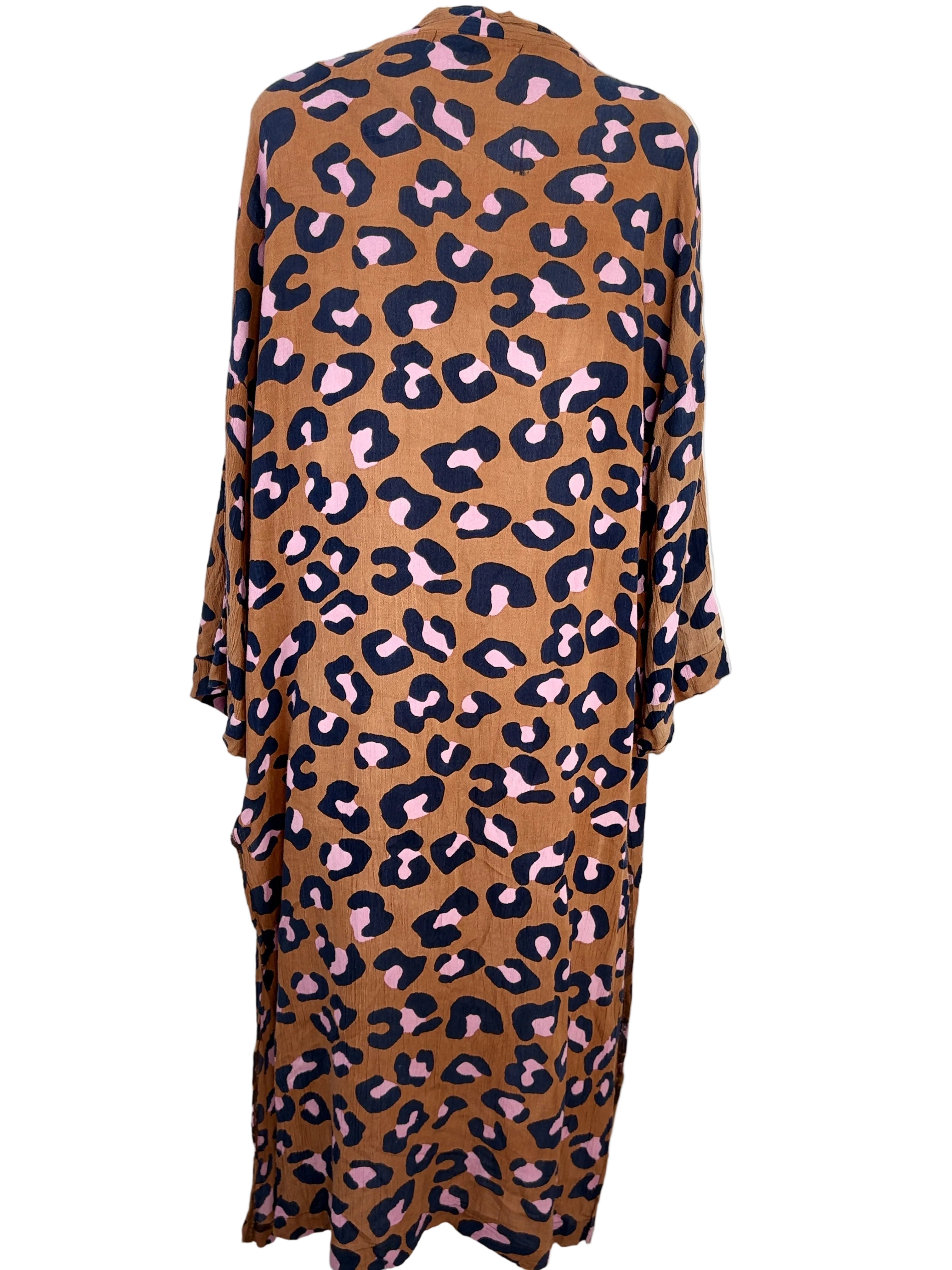 Ellis & Dewey | Leopard Print Longline Kimono | Tan, Navy & Blush | Size S