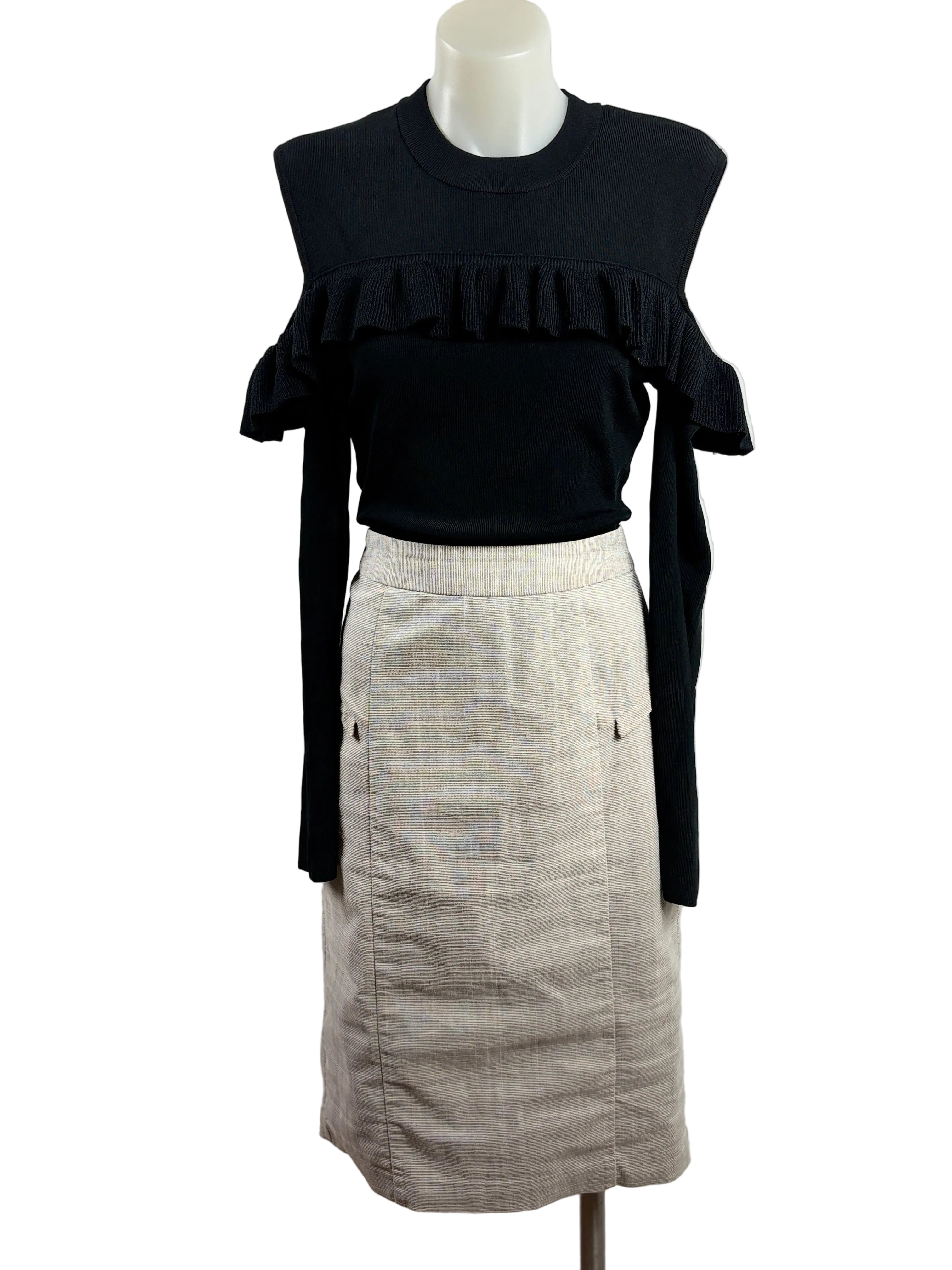 Seed Heritage | Ruffle-Trim Cold-Shoulder Knit Top | Black | Size M