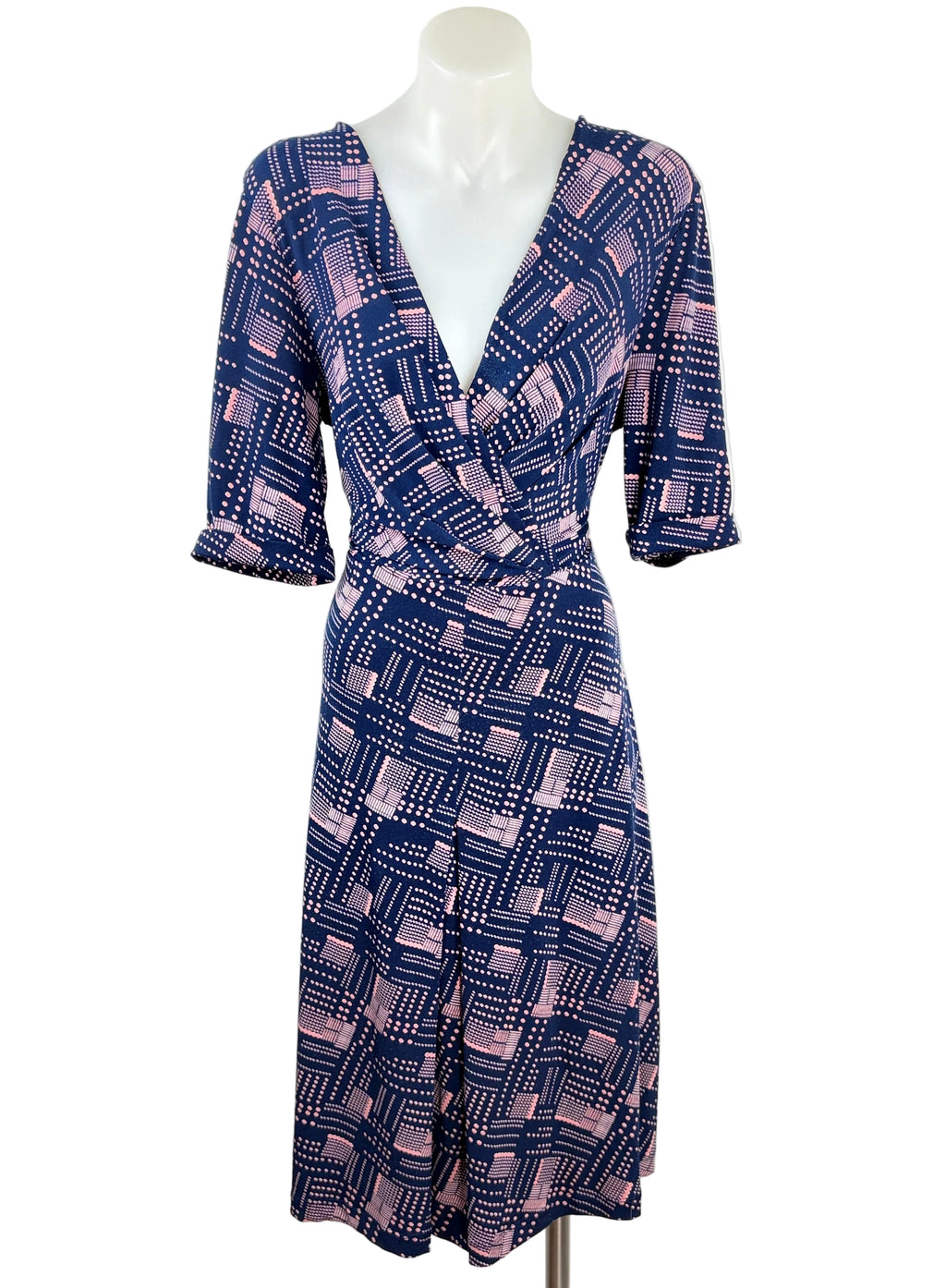 Leona Edmiston | Navy & Pink Geometric Print Wrap Dress | Size 10