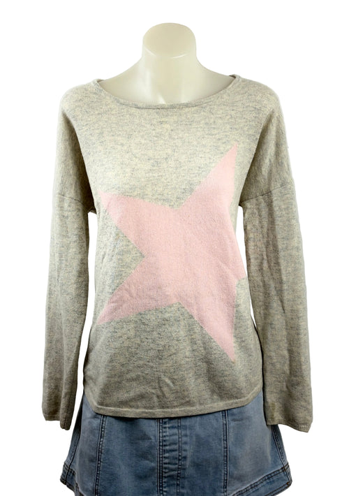 Ali Cashmere Star Jumper — Grey Marle & Blush Pink - Size S
