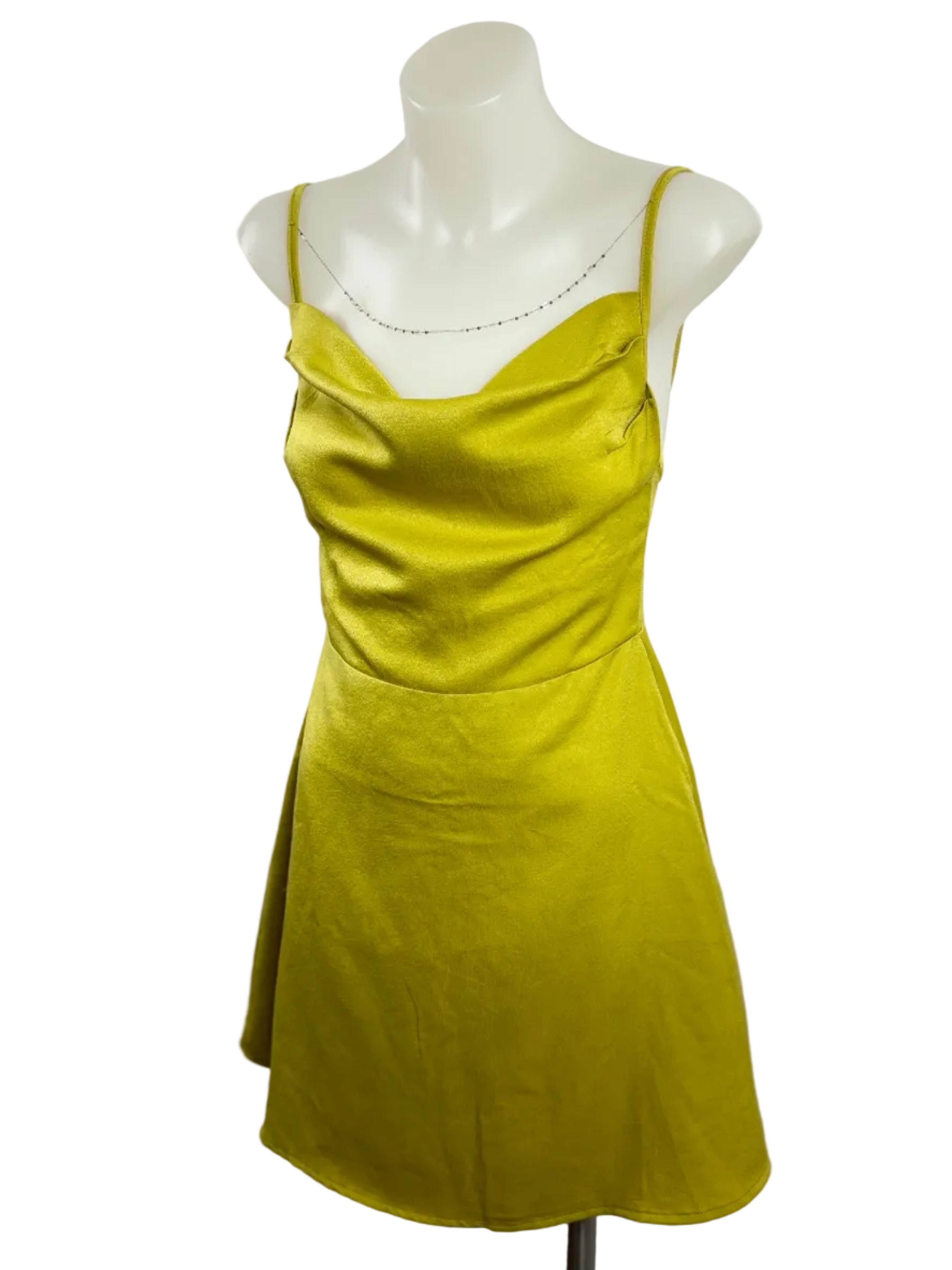 Eleanor | Chartreuse Satin Cowl-Neck Mini Dress | Tie-Back | Size XS