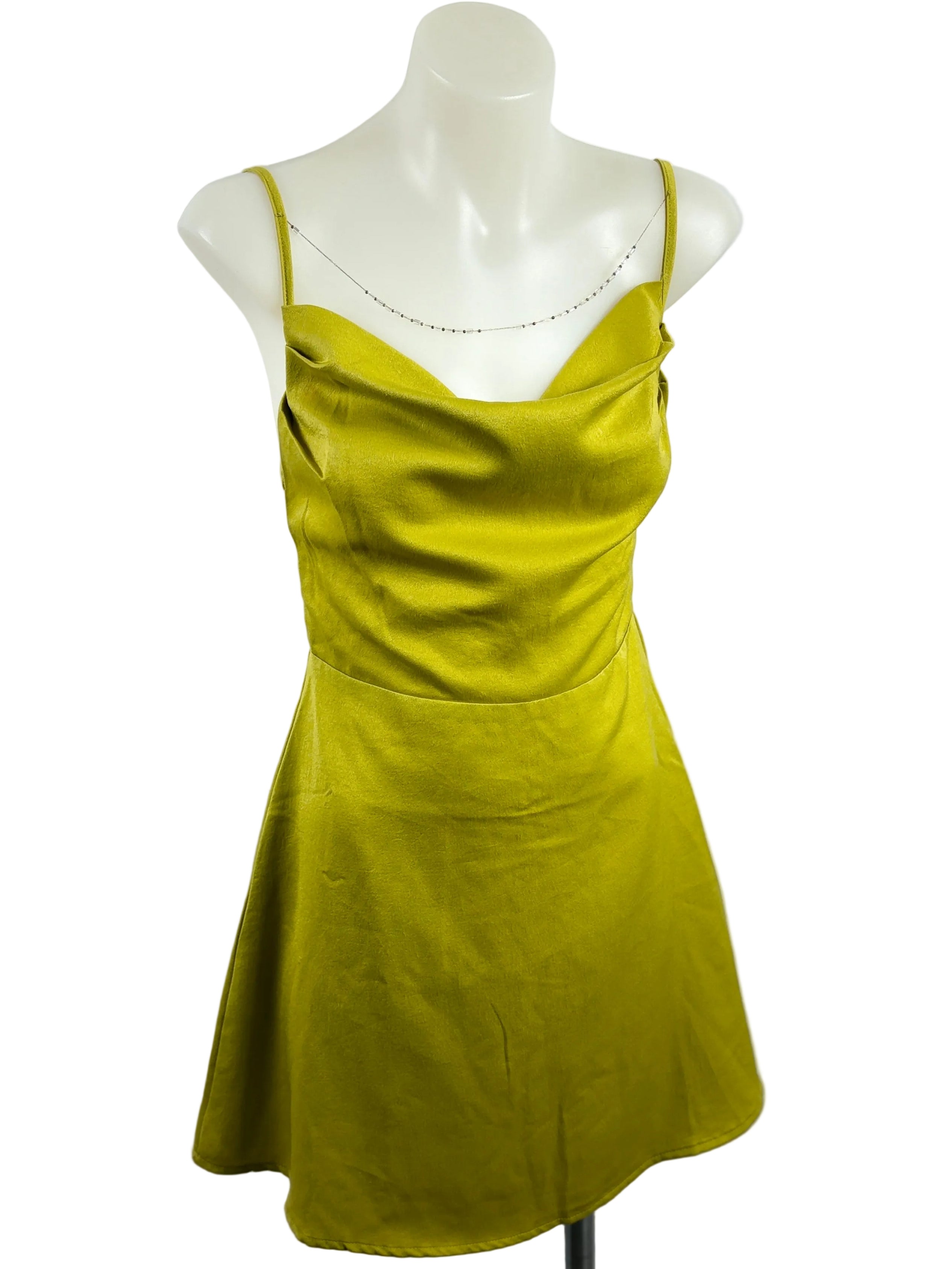 Eleanor | Chartreuse Satin Cowl-Neck Mini Dress | Tie-Back | Size XS