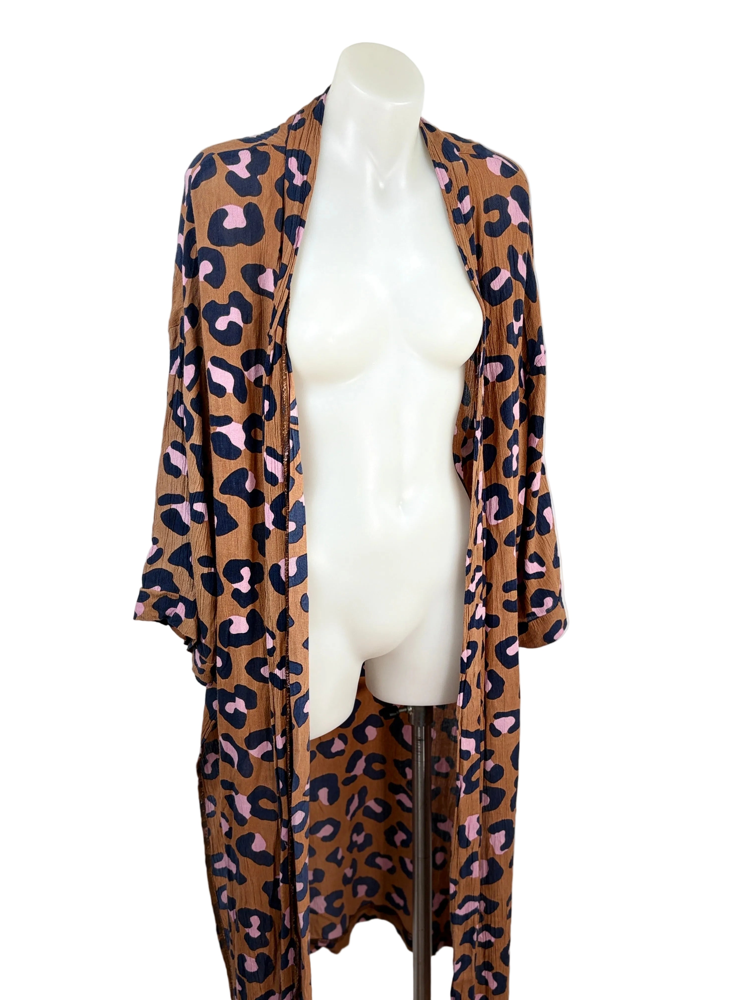 Ellis & Dewey | Leopard Print Longline Kimono | Tan, Navy & Blush | Size S