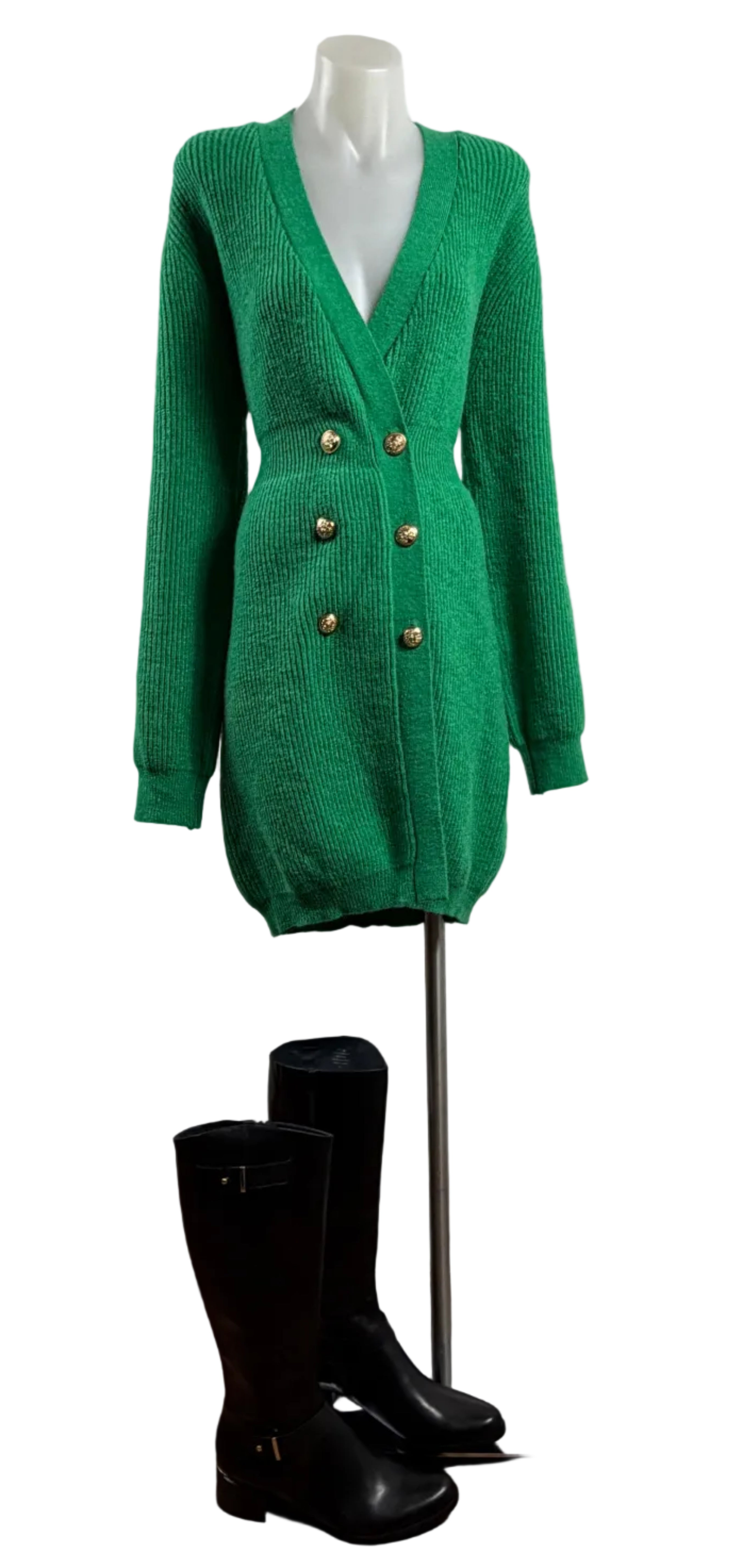 Miracle | Emerald Green Ribbed Knit Cardigan Dress | Double-Breasted Gold Buttons | Size M/L