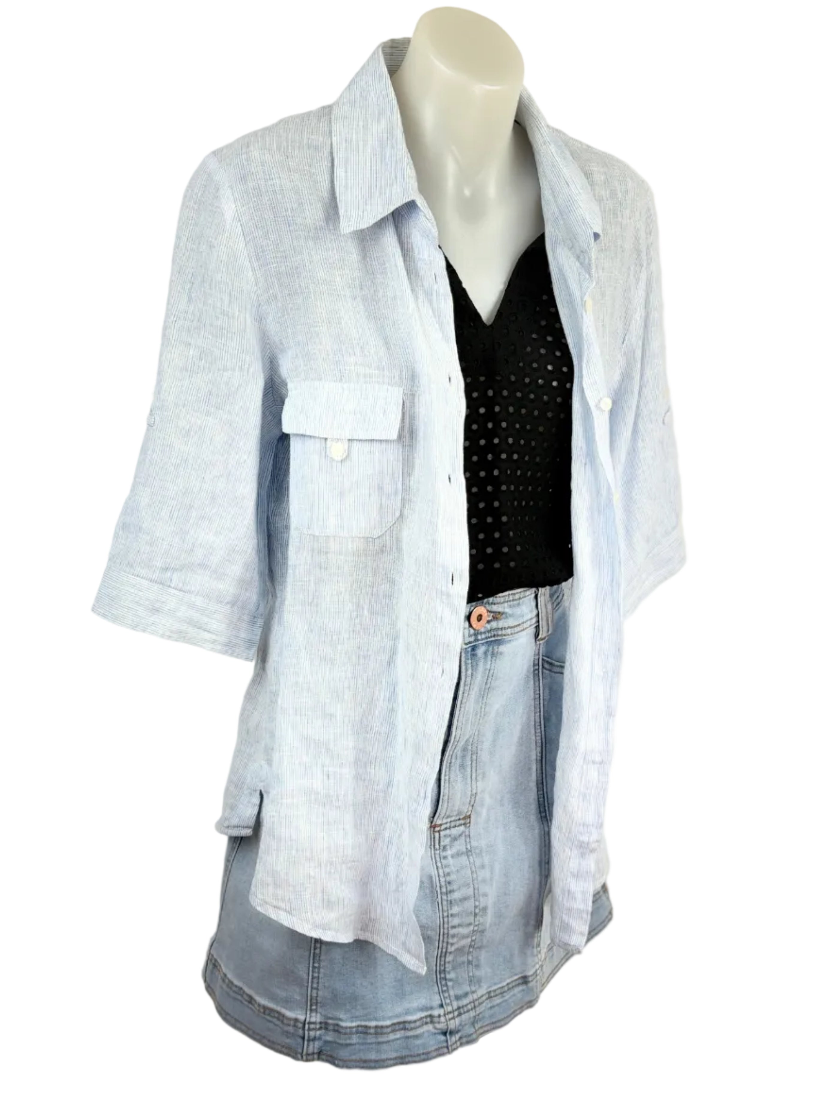 Aero | Pinstripe Linen-Blend Oversized Shirt | Blue & White | Size 12