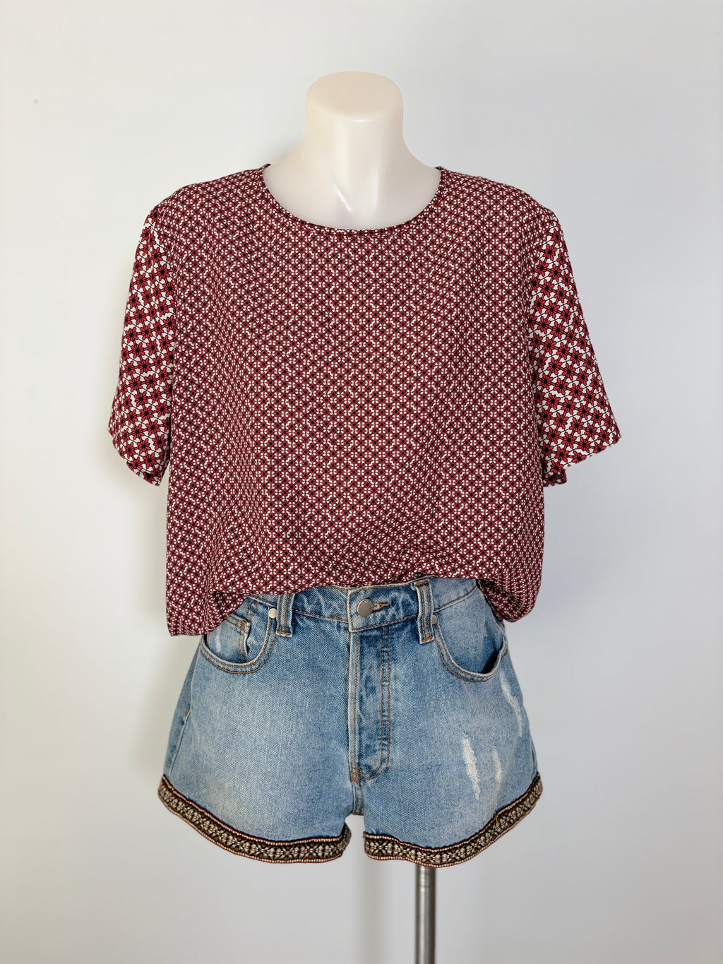 Bec + Bridge Geometric Print Boxy Top in burgundy & white – view 6 of 6