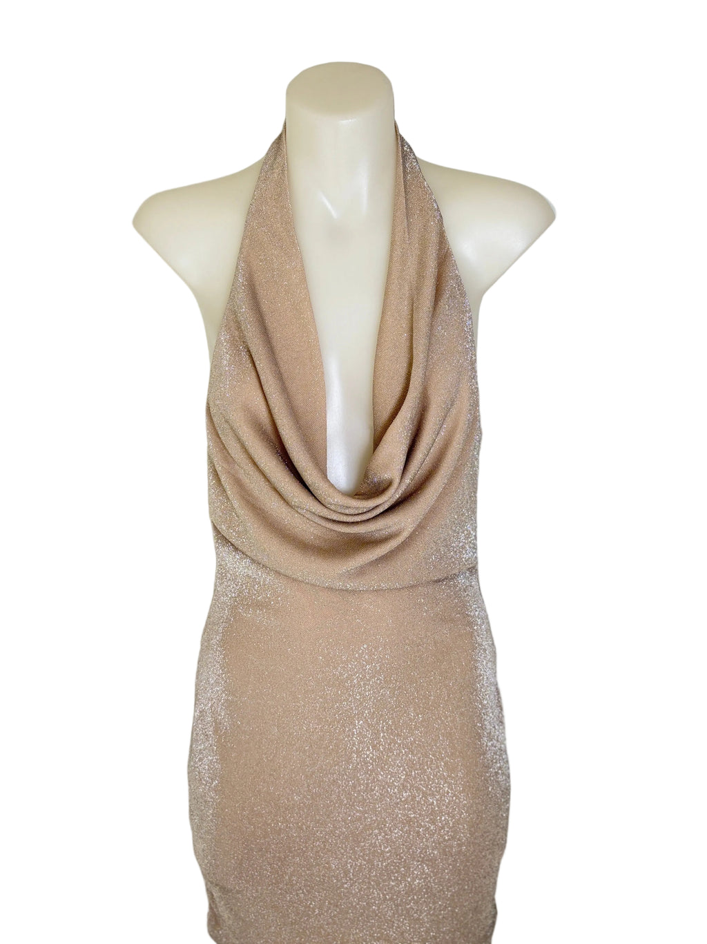 Luvalot Metallic Cowl Halter Mini Dress in rose gold – view 3 of 4