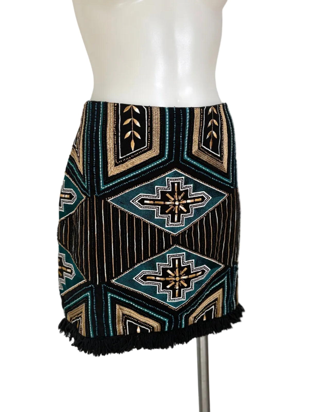 H&M Beaded Embroidered Fringe Mini Skirt in black, teal & gold – view 5 of 7