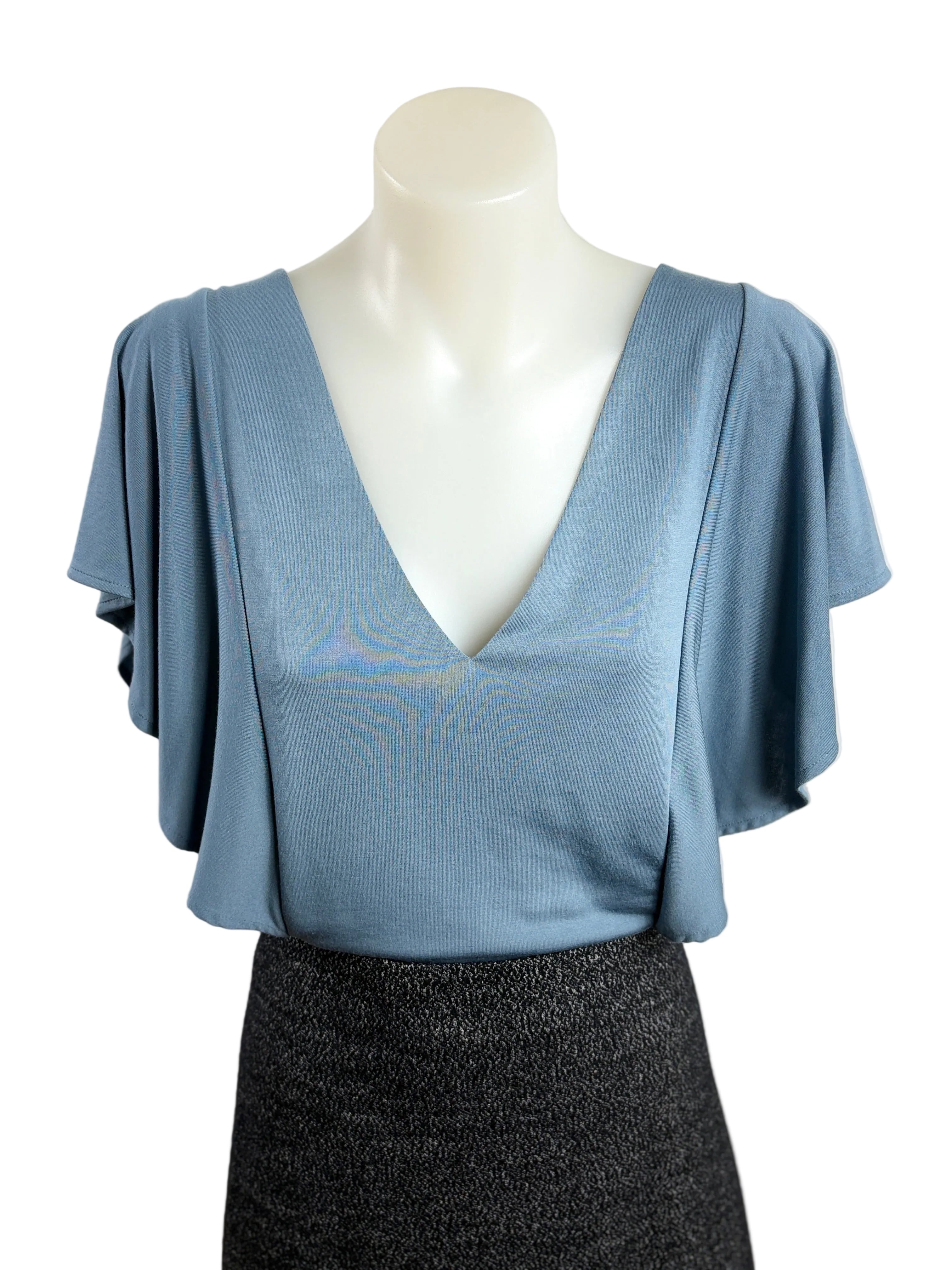 Witchery | Draped V-Neck Flutter Sleeve Top | Dusty Blue | Size S