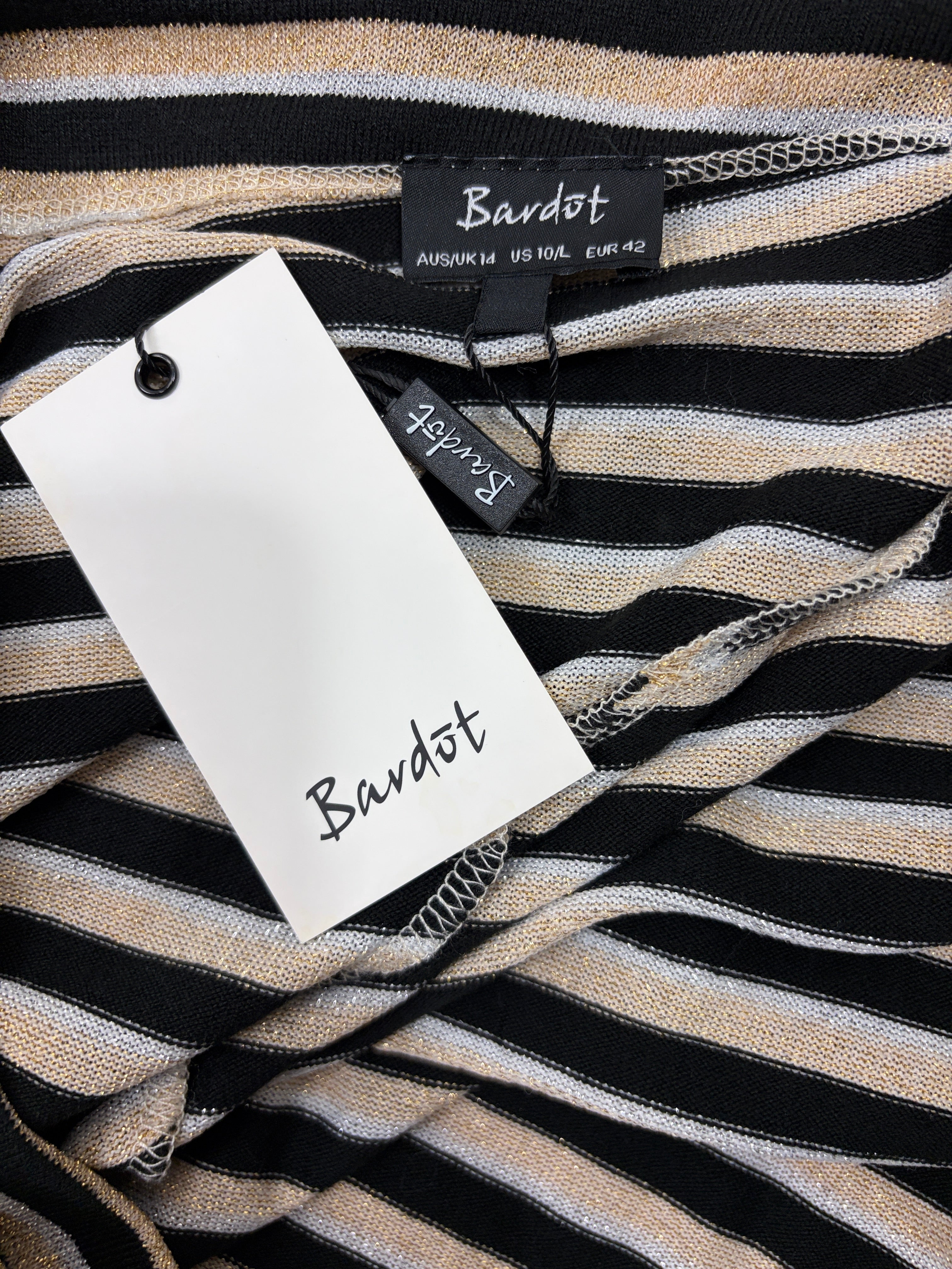 Bardot | Lurex Stripe Cowl-Back Top | Black, Gold & Silver | 14 — BNWT