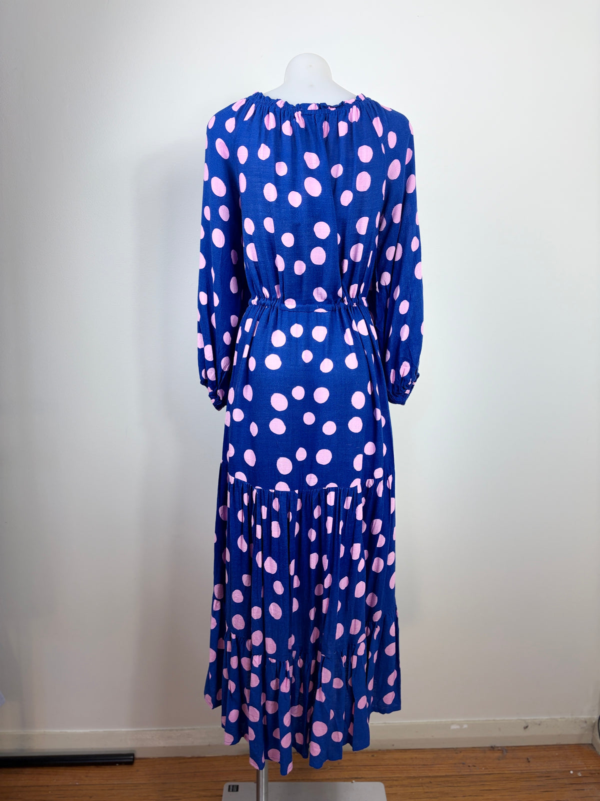 Salty Bright Polka Dot Tiered Midi Dress in navy & pink – view 4 of 5