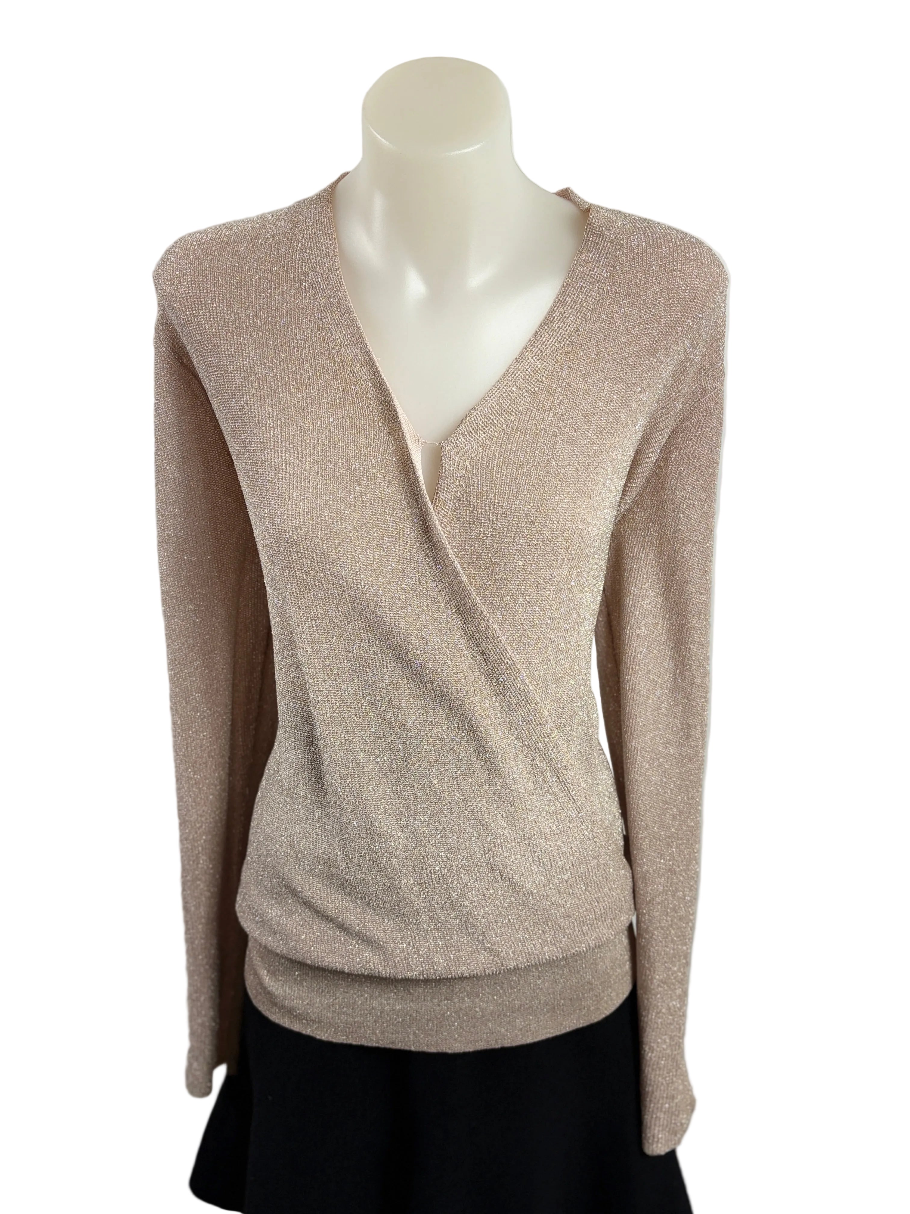 Reiss | Metallic Wrap-Style Long Sleeve Top | Champagne Gold | Size 6
