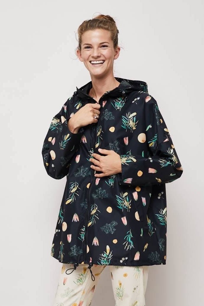 Gorman + Dana Kinter | "Winter Song" Botanical Print Hooded Rain Jacket | Black Multi | M/L