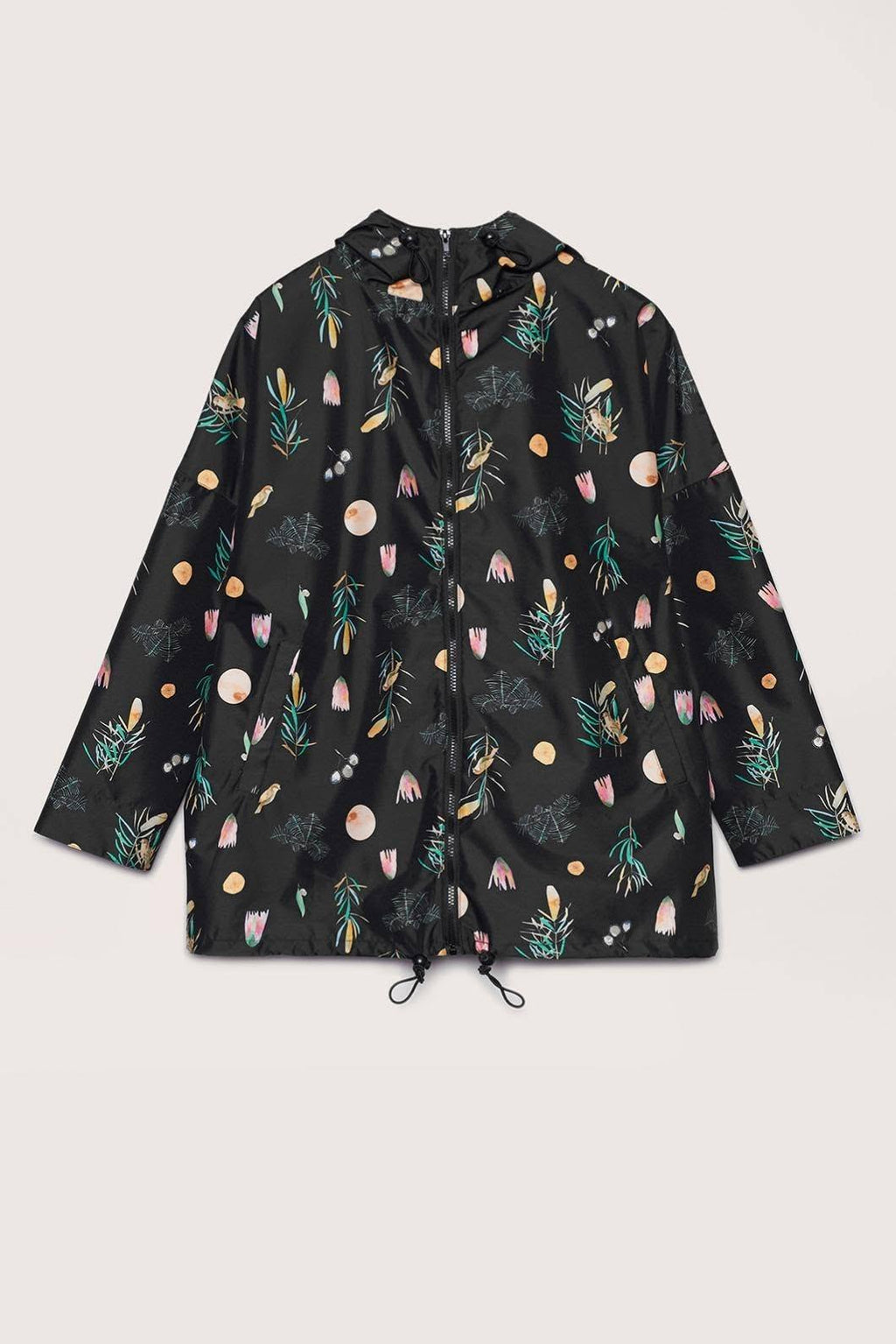 Gorman + Dana Kinter | "Winter Song" Botanical Print Hooded Rain Jacket | Black Multi | M/L