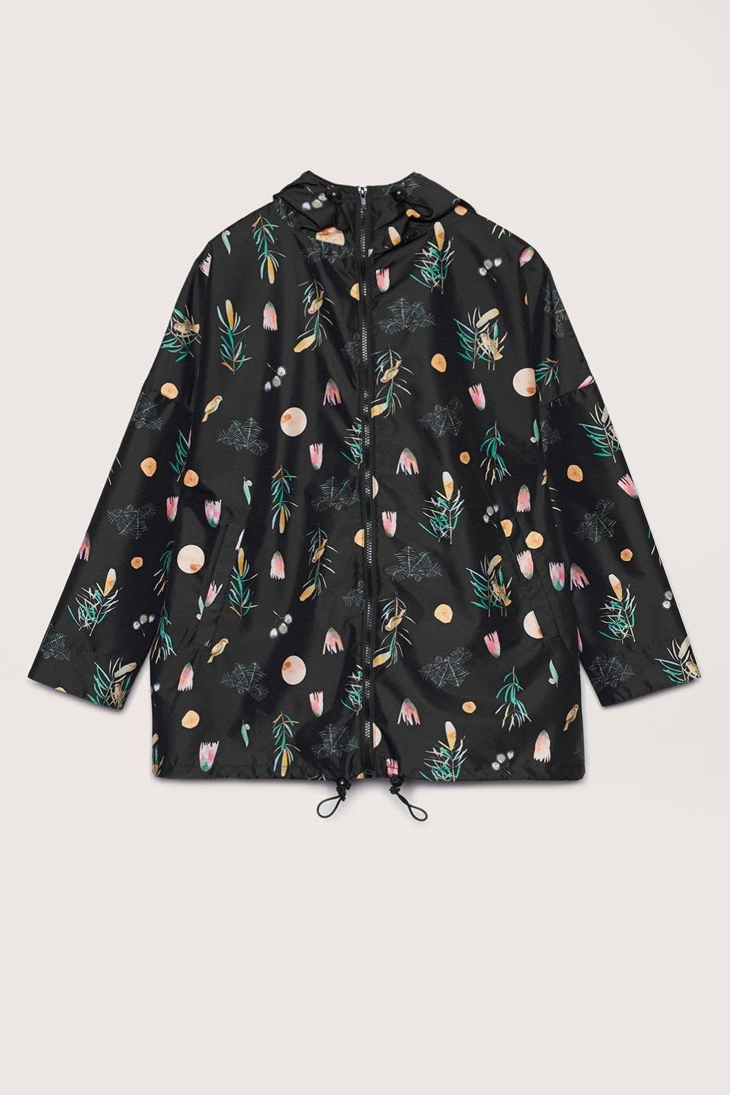 Gorman + Dana Kinter | "Winter Song" Botanical Print Hooded Rain Jacket | Black Multi | M/L