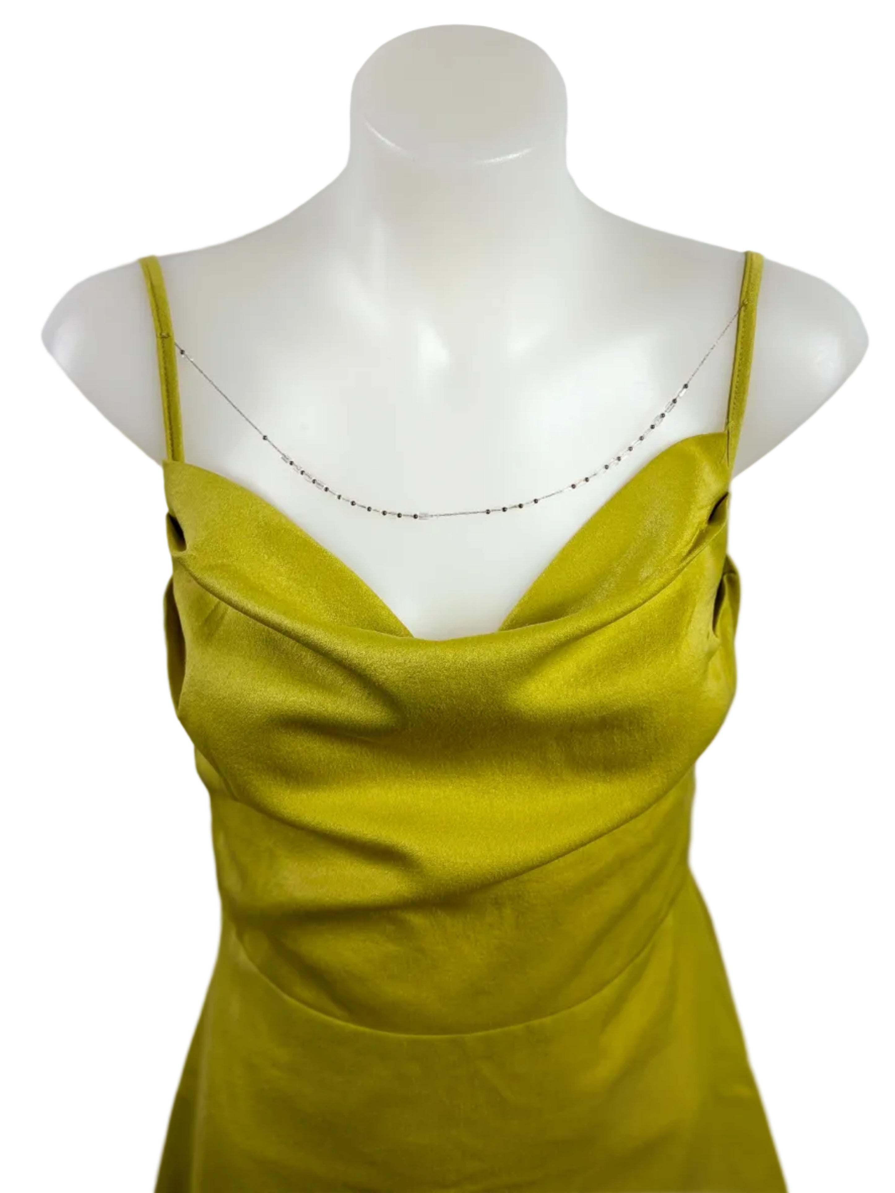 Eleanor | Chartreuse Satin Cowl-Neck Mini Dress | Tie-Back | Size XS